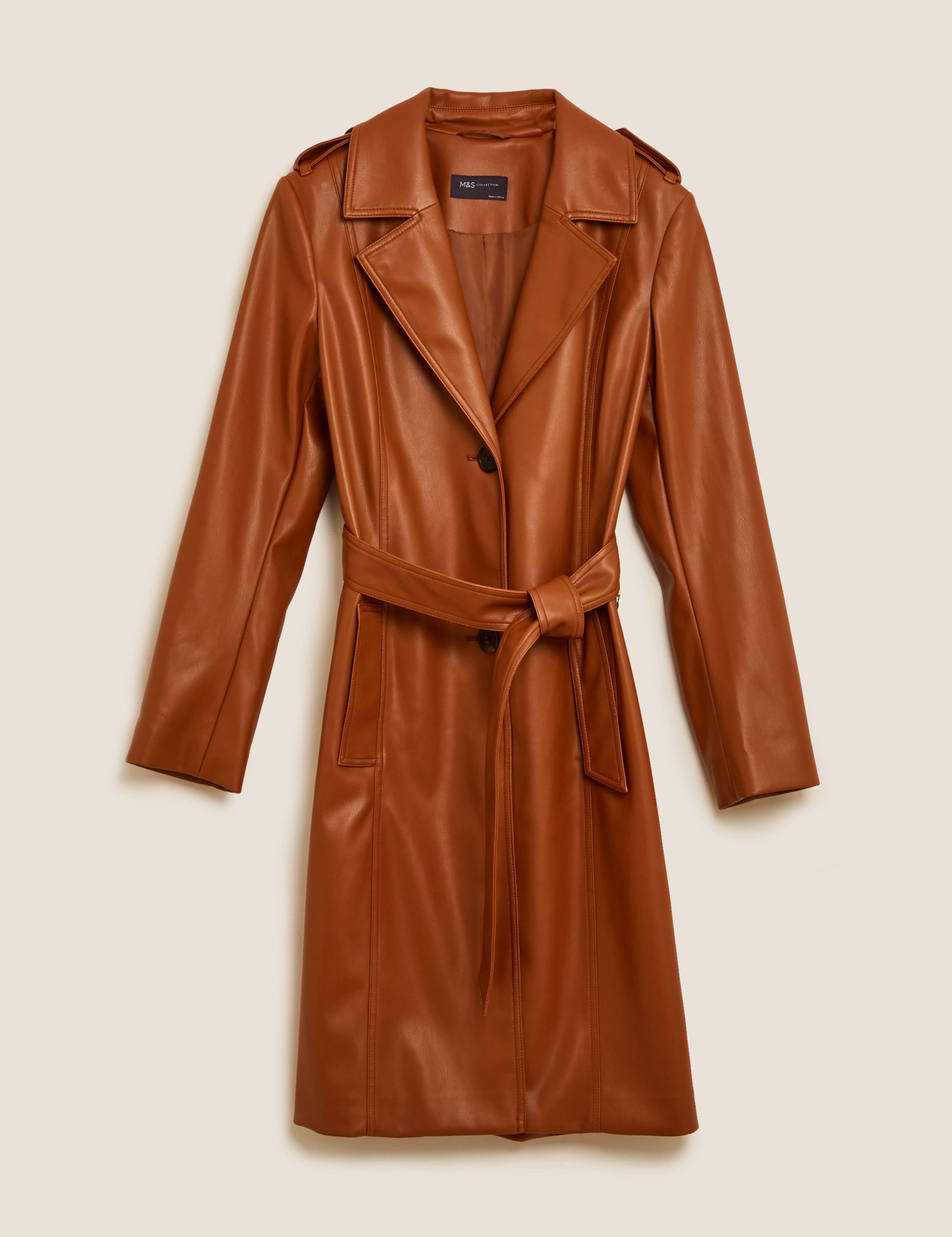 Faux Leather Belted Trench Coat 2 of 4