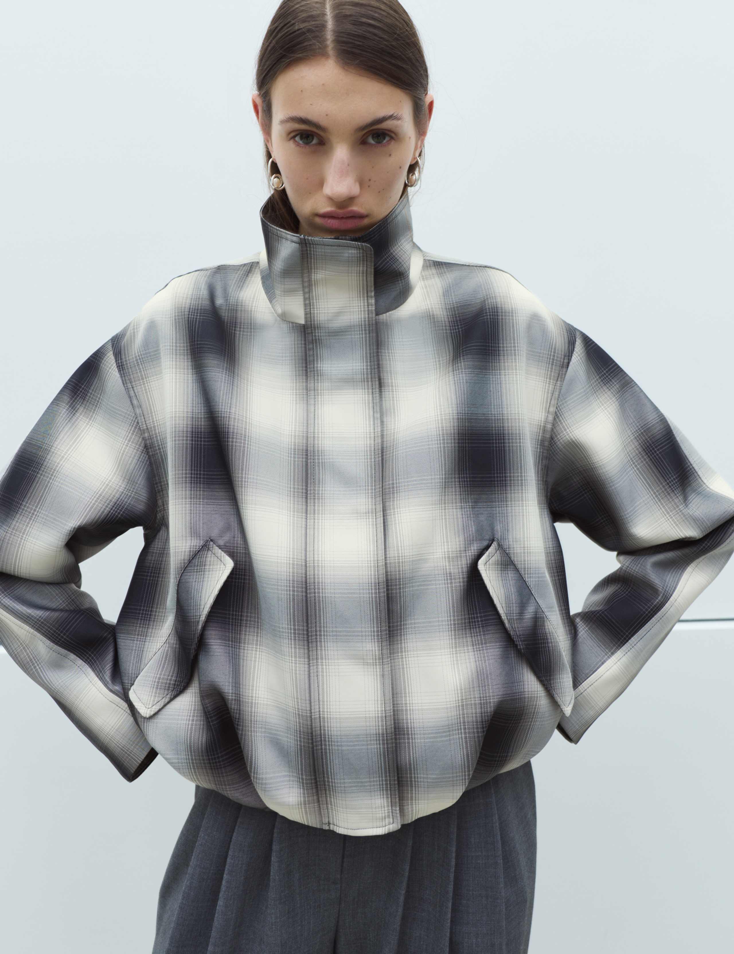 Checked Bubble Hem Funnel Neck Jacket 3 of 9