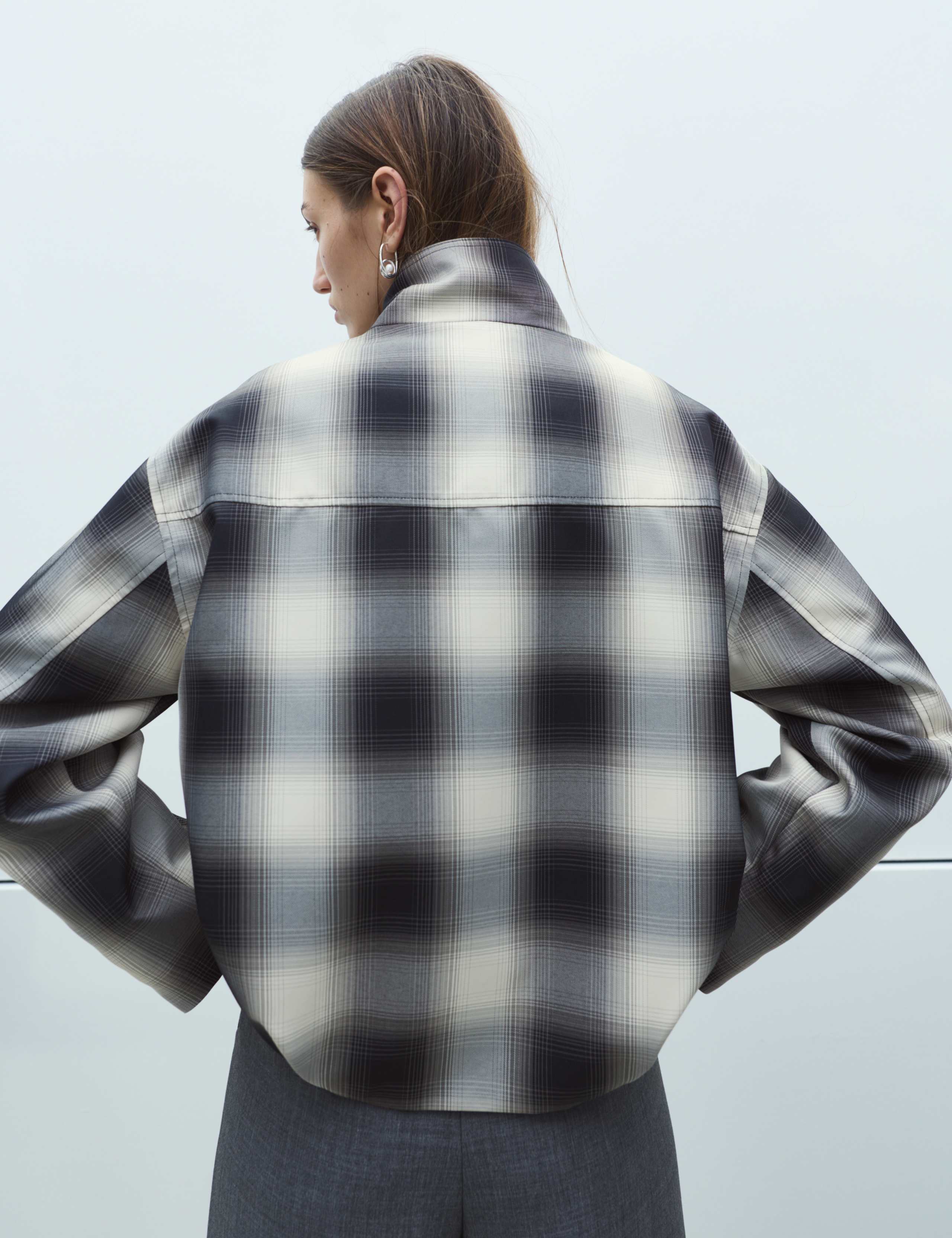 Checked Bubble Hem Funnel Neck Jacket 4 of 9