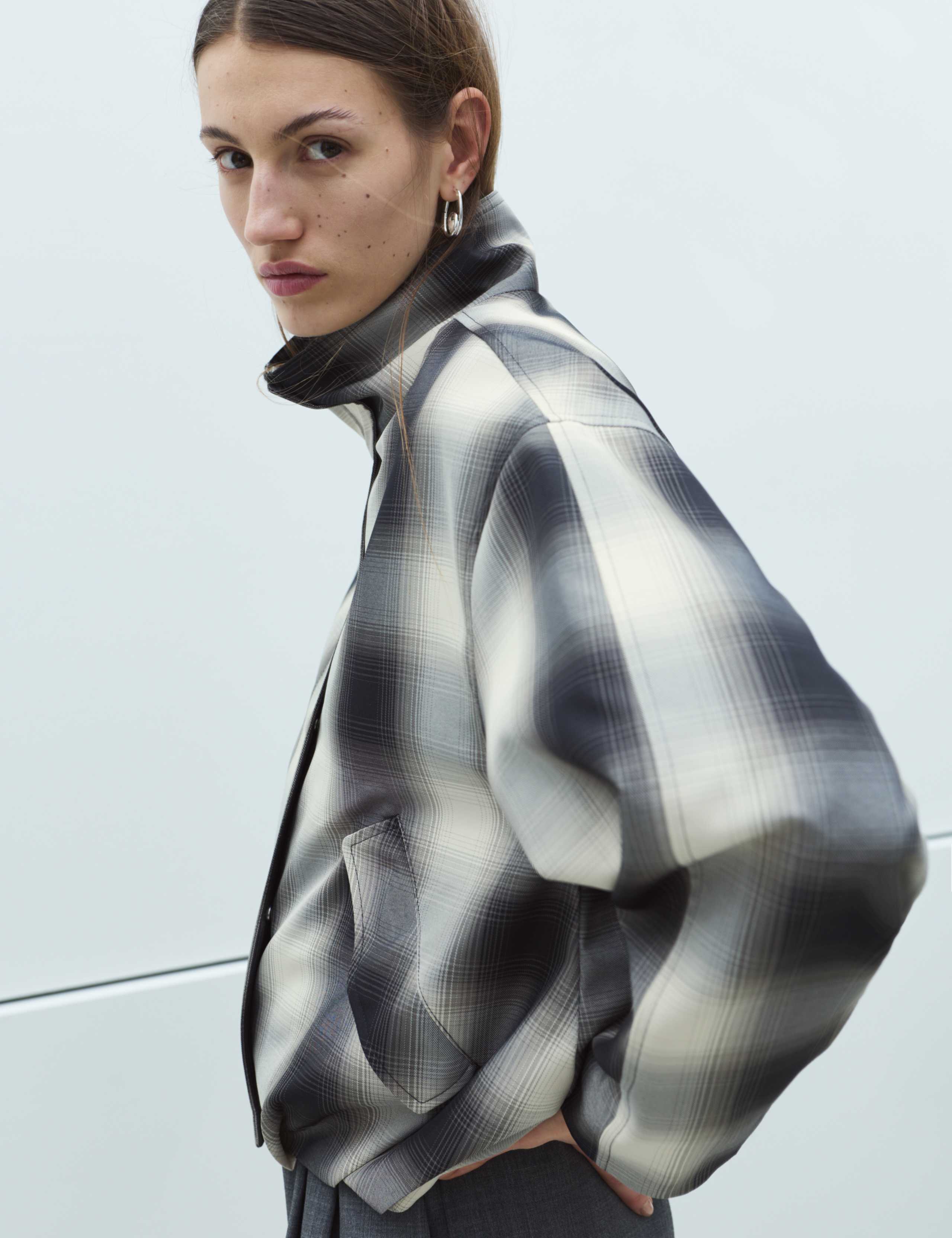 Checked Bubble Hem Funnel Neck Jacket 7 of 9