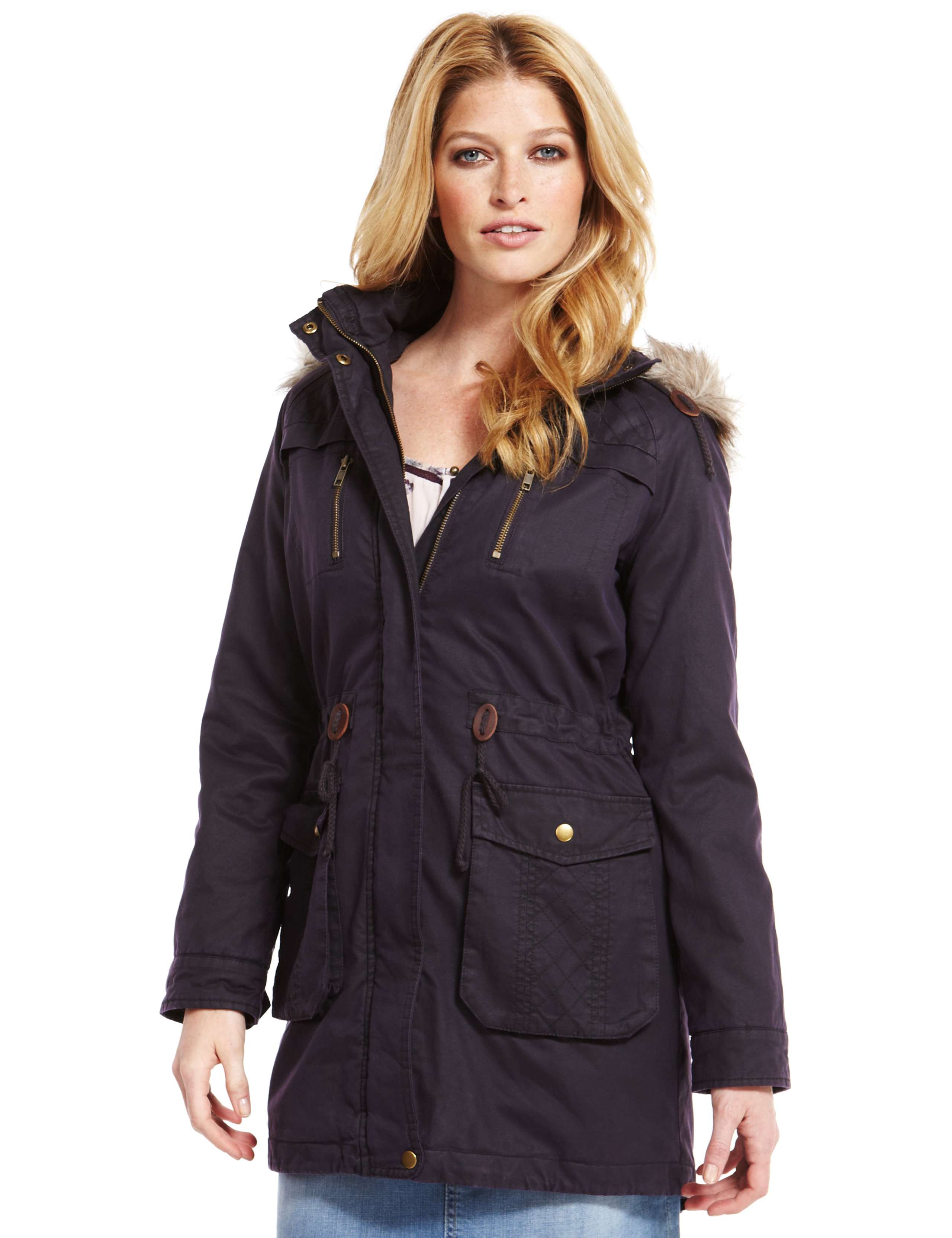 4 Pockets Faux Fur Trim Waxed Parka 1 of 6