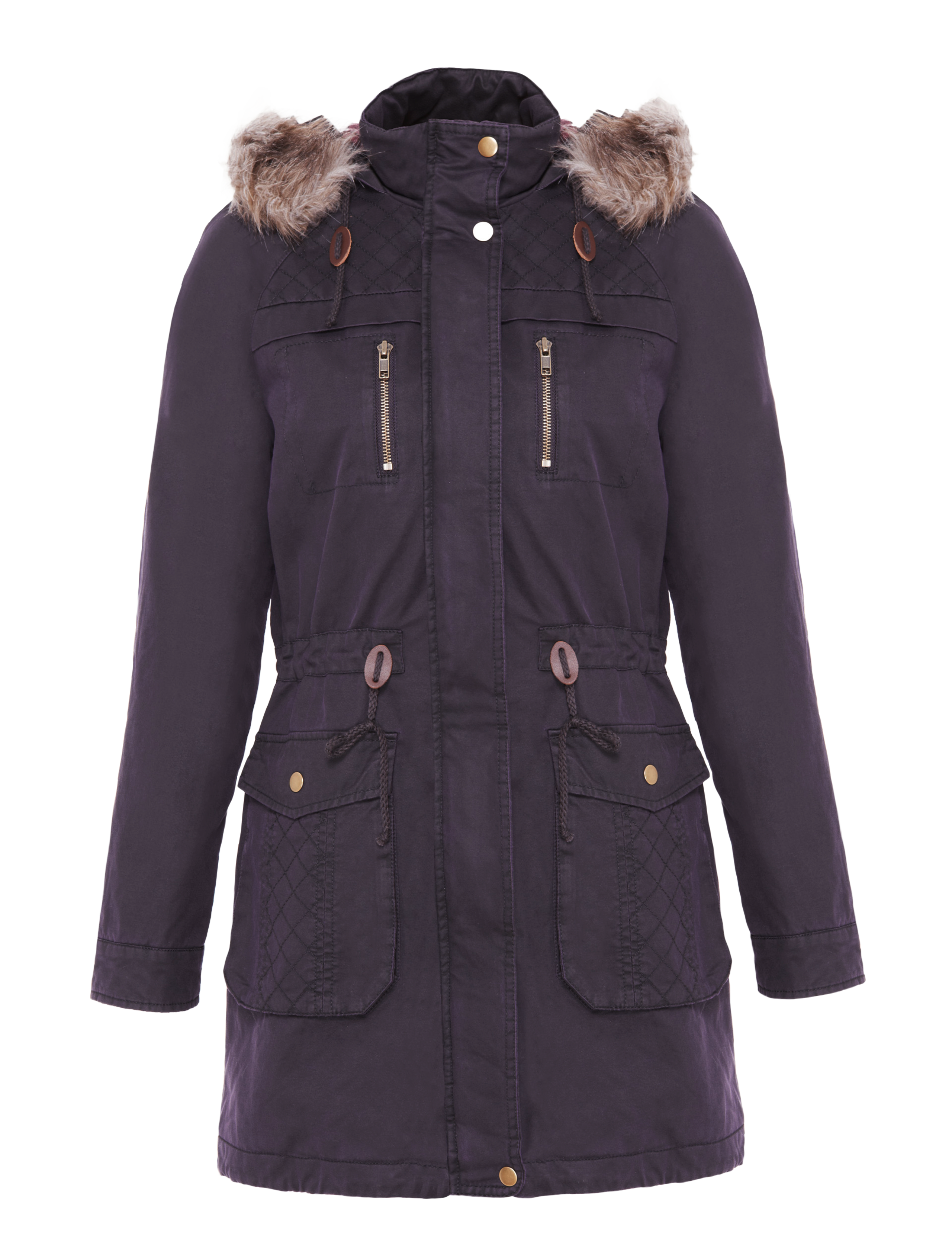 4 Pockets Faux Fur Trim Waxed Parka 2 of 6