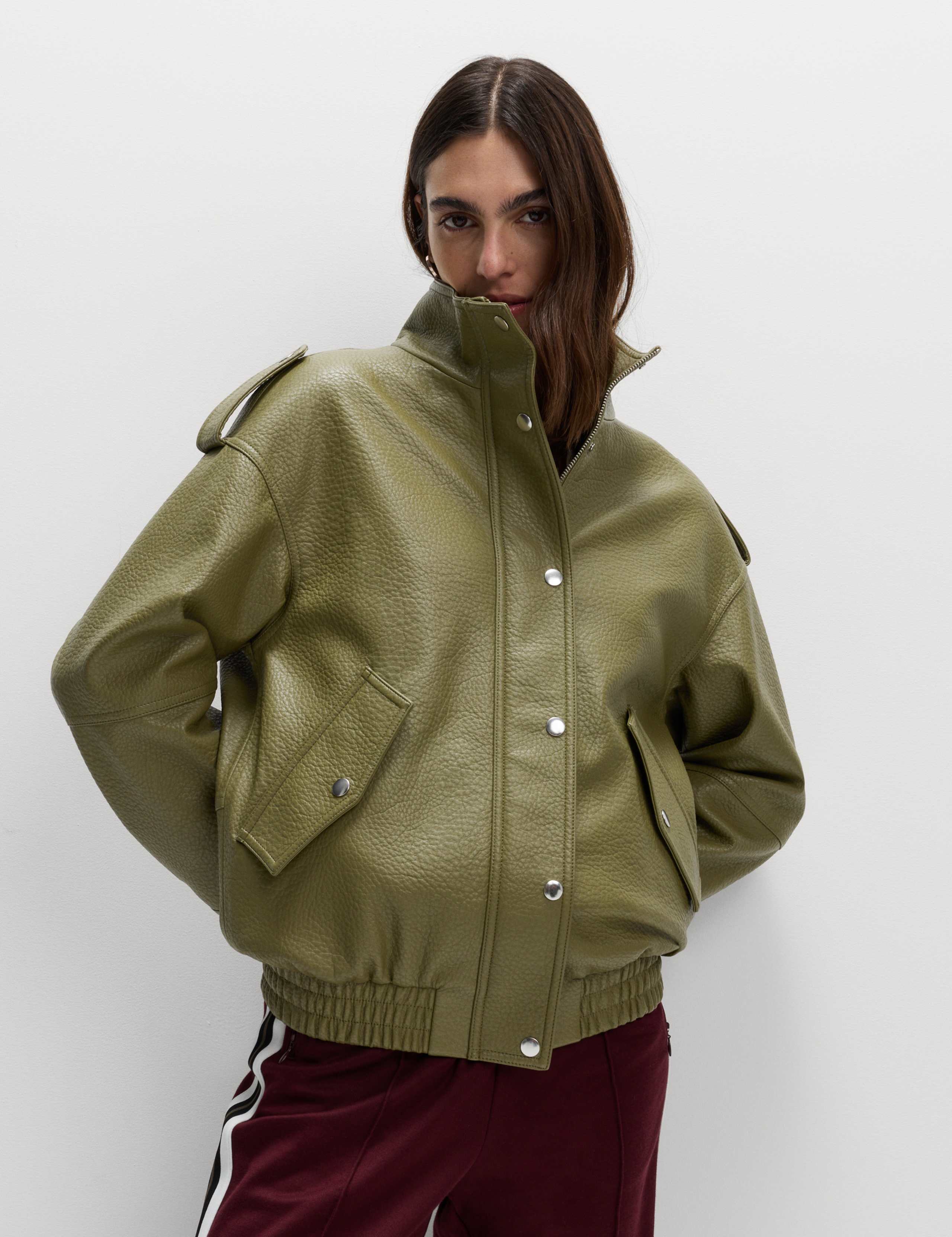 Faux Leather Textured Longline Bomber Jacket 3 of 7