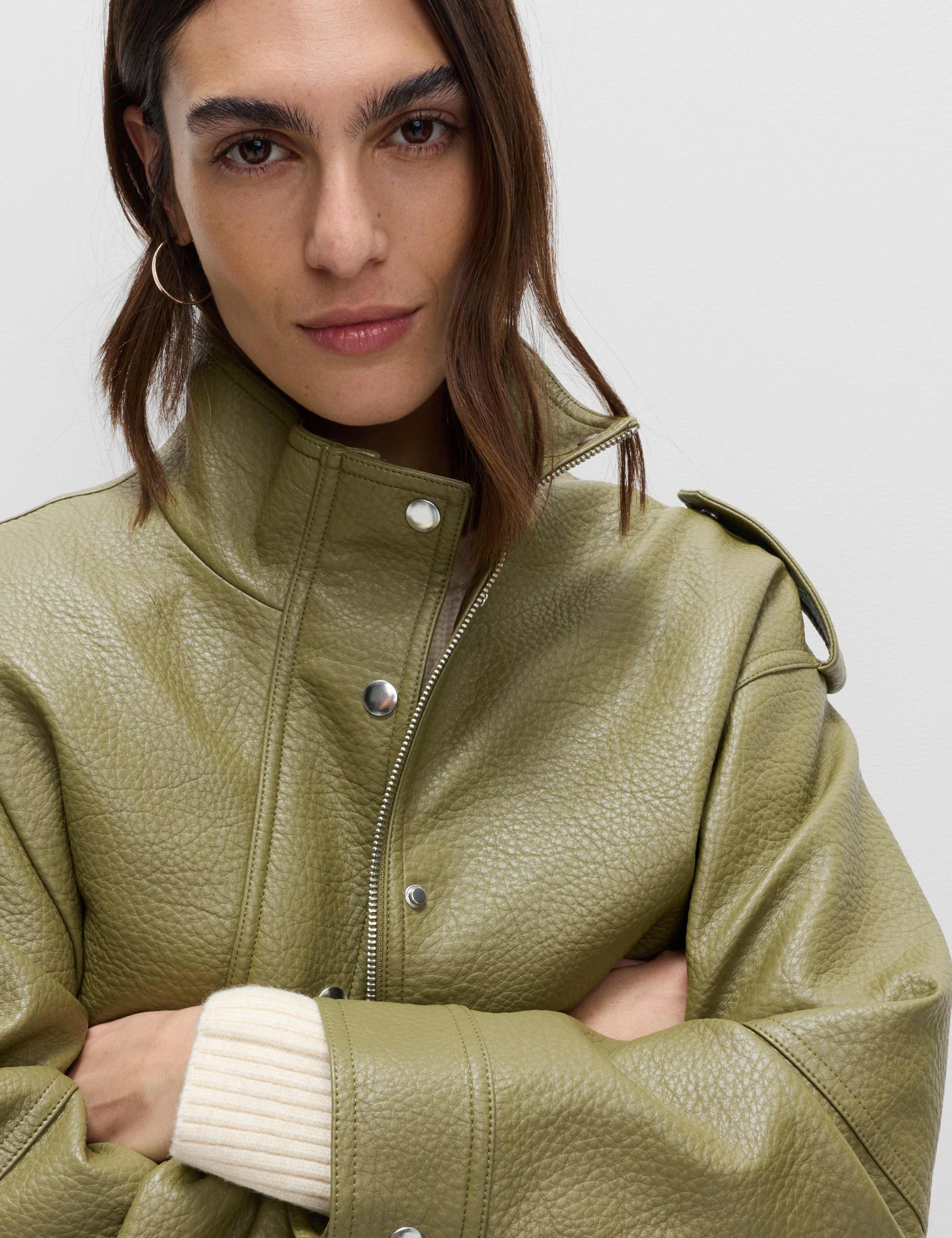Faux Leather Textured Longline Bomber Jacket 5 of 7