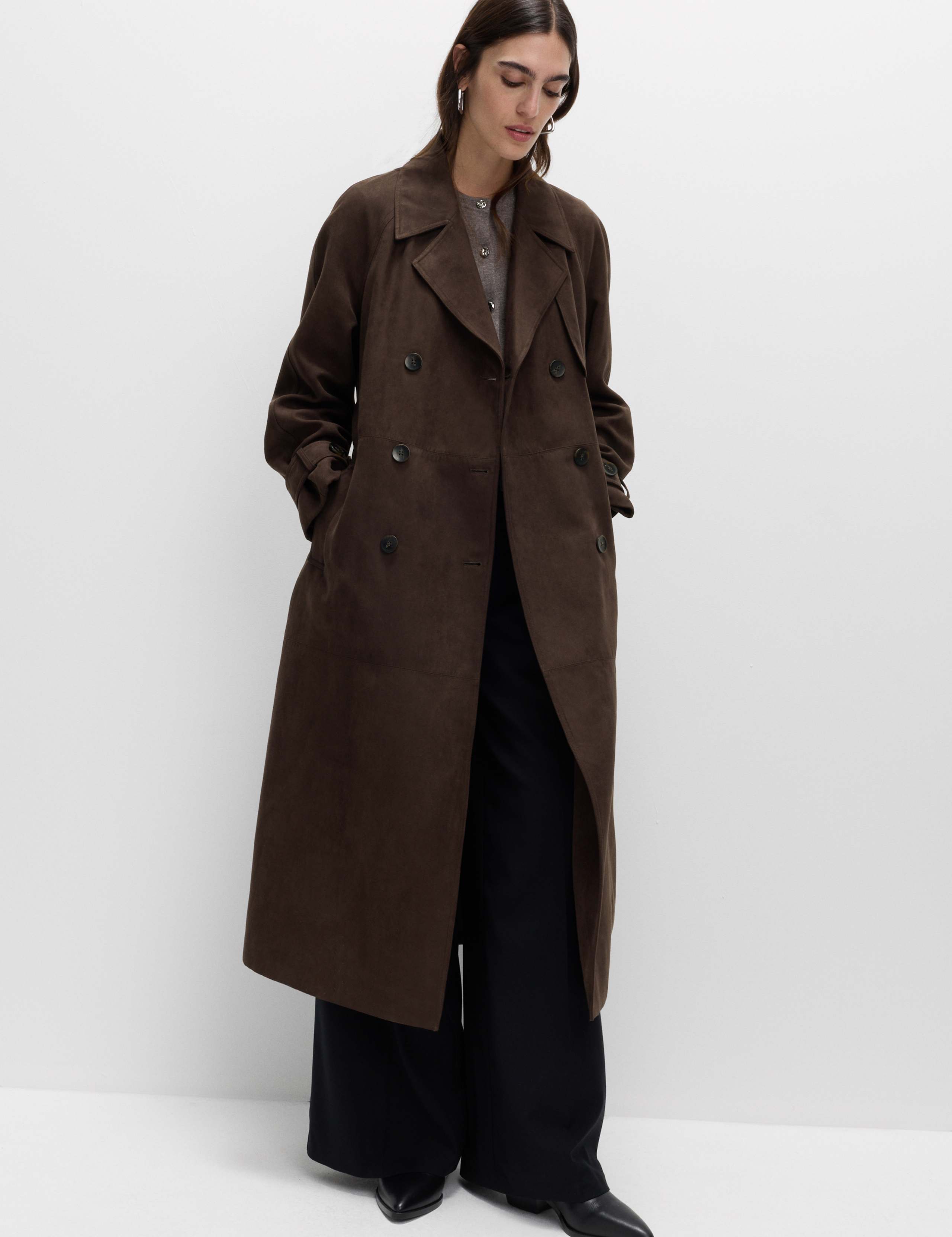 Double Breasted Longline Suedette Trench Coat 4 of 6