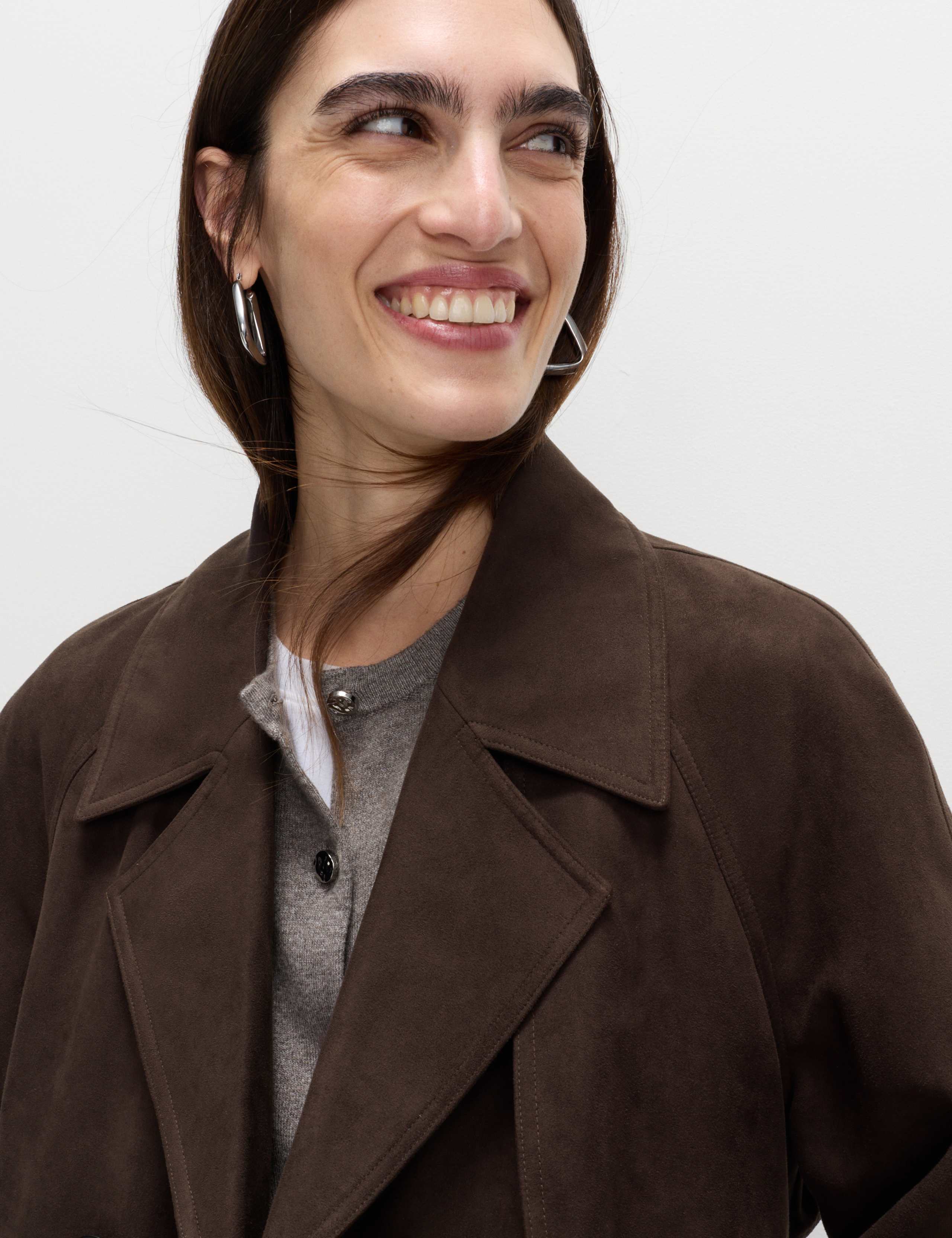 Double Breasted Longline Suedette Trench Coat 5 of 6