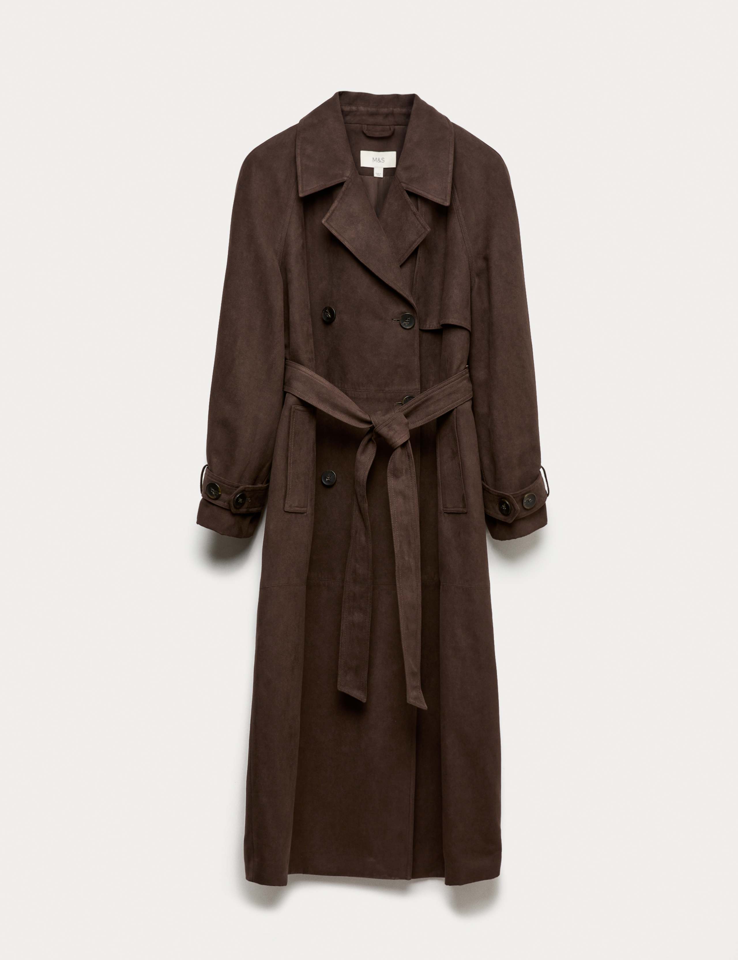 Double Breasted Longline Suedette Trench Coat 2 of 6