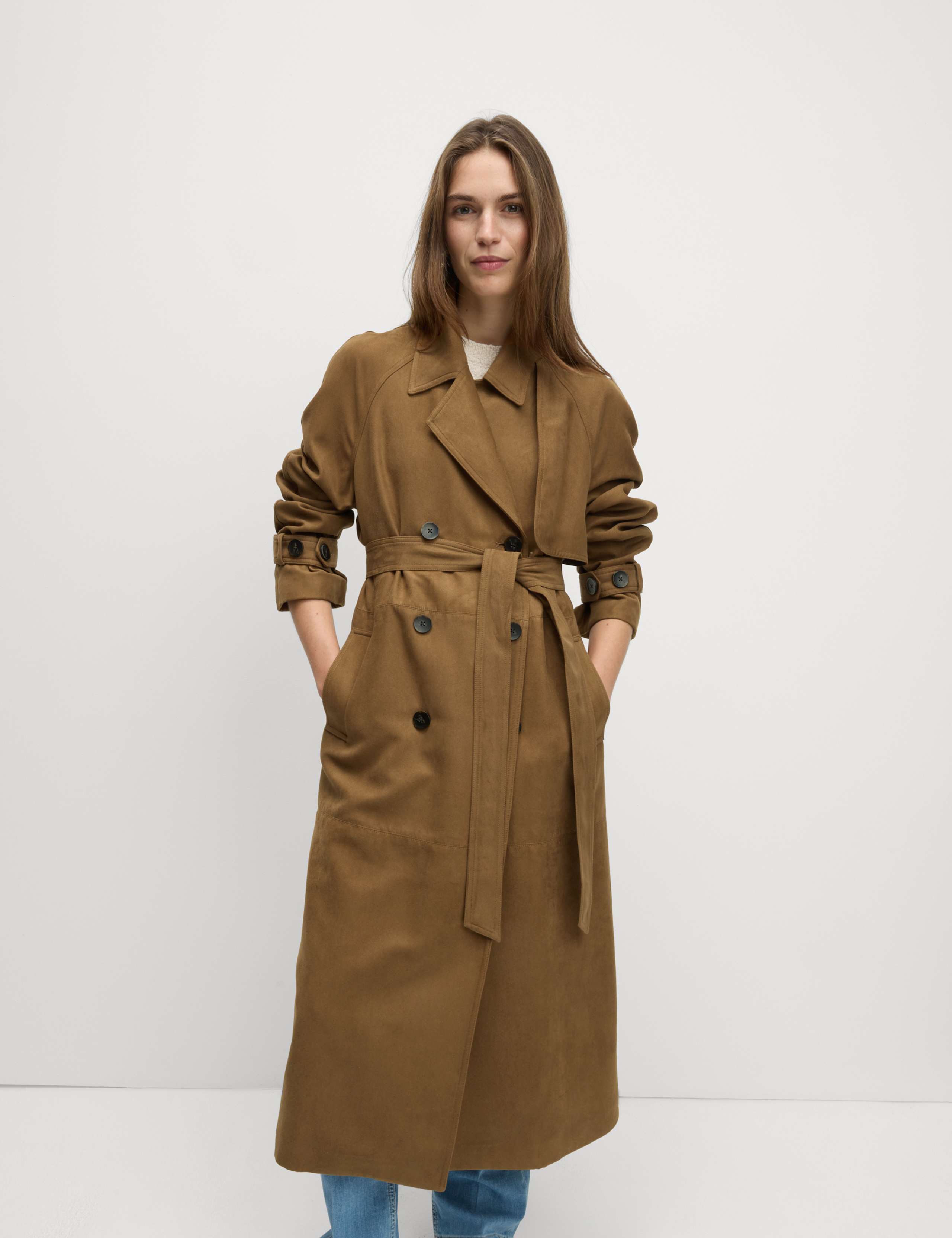 Double Breasted Longline Suedette Trench Coat 4 of 8