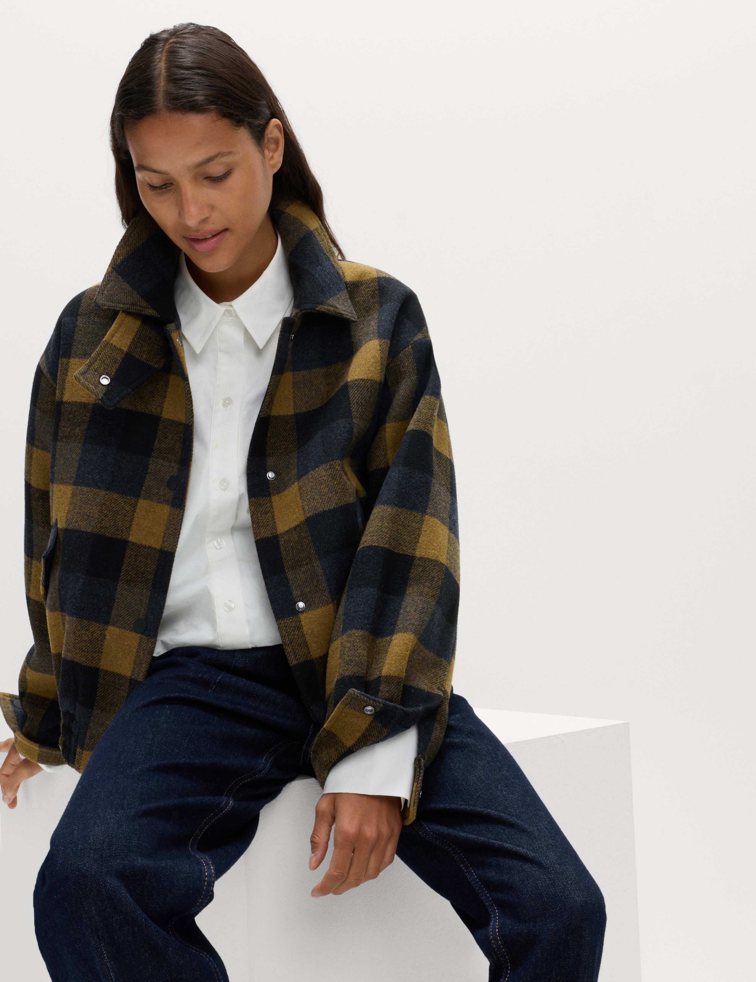 Checked Collared Bomber Jacket with Wool 7 of 7
