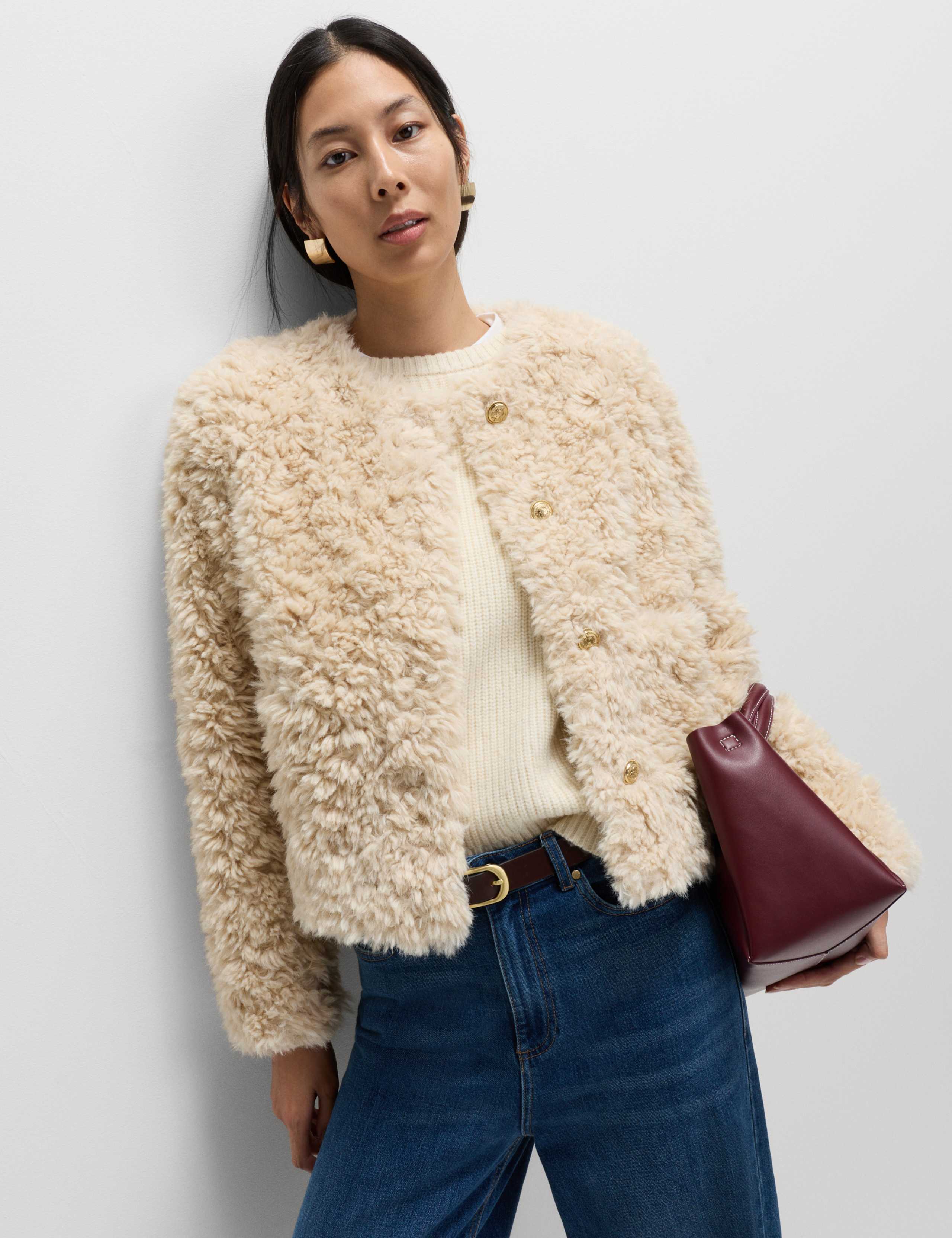 Faux Fur Textured Collarless Short Jacket 4 of 6