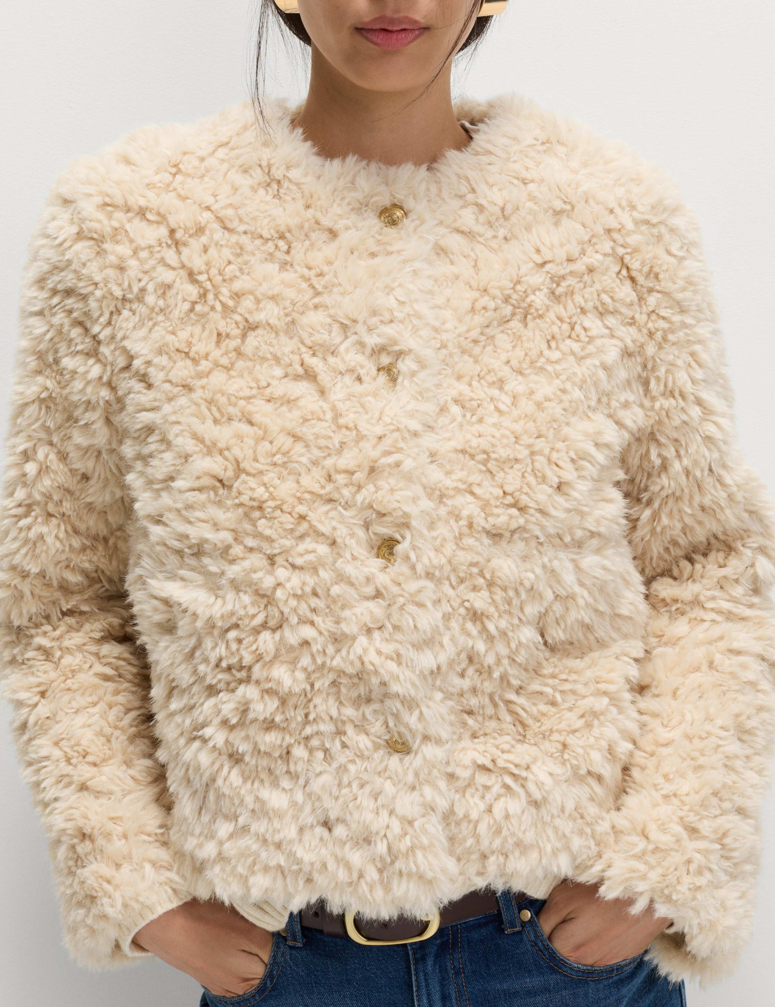 Faux Fur Textured Collarless Short Jacket 6 of 6