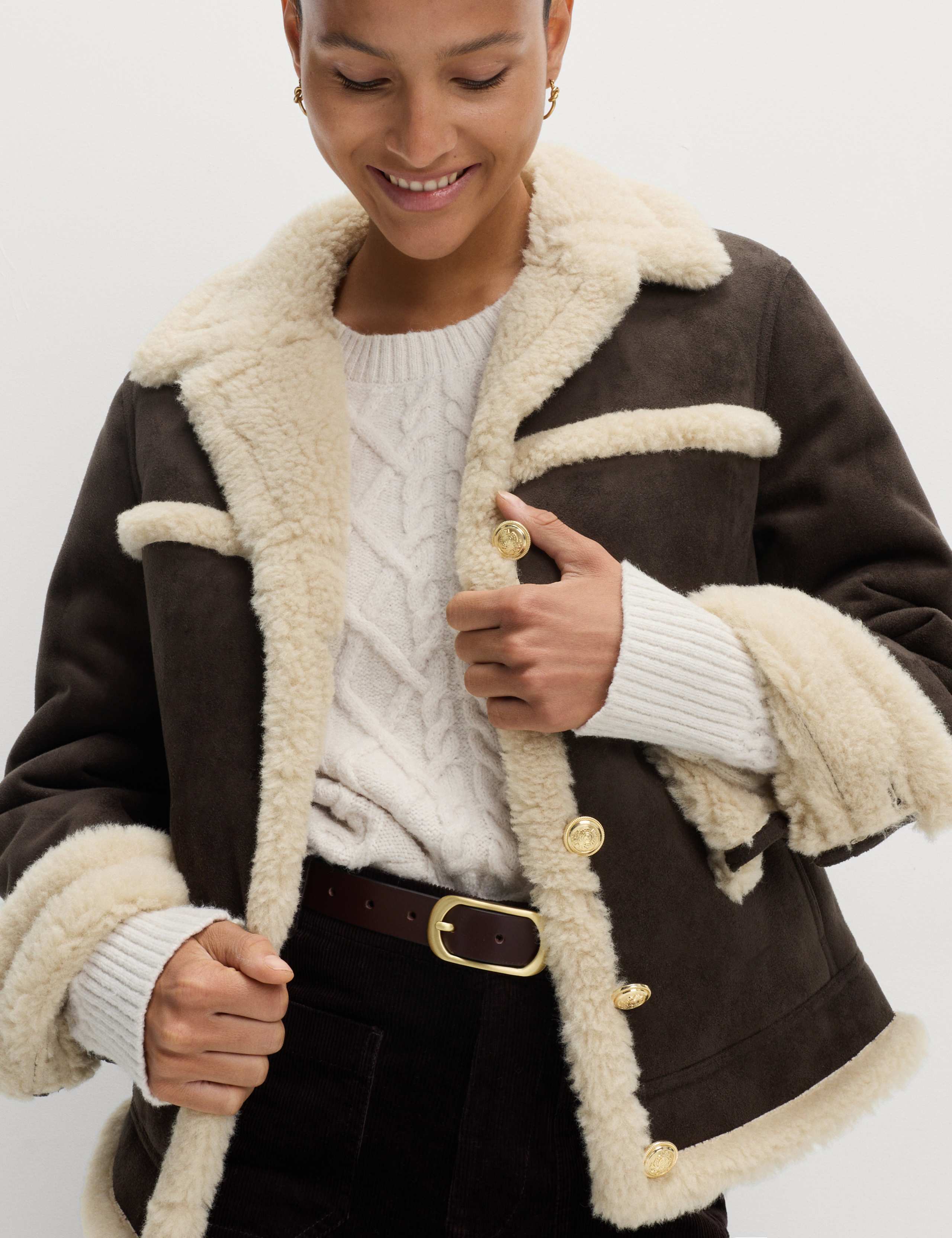 Faux Shearling Suedette Collared Button Aviator Jacket 1 of 7