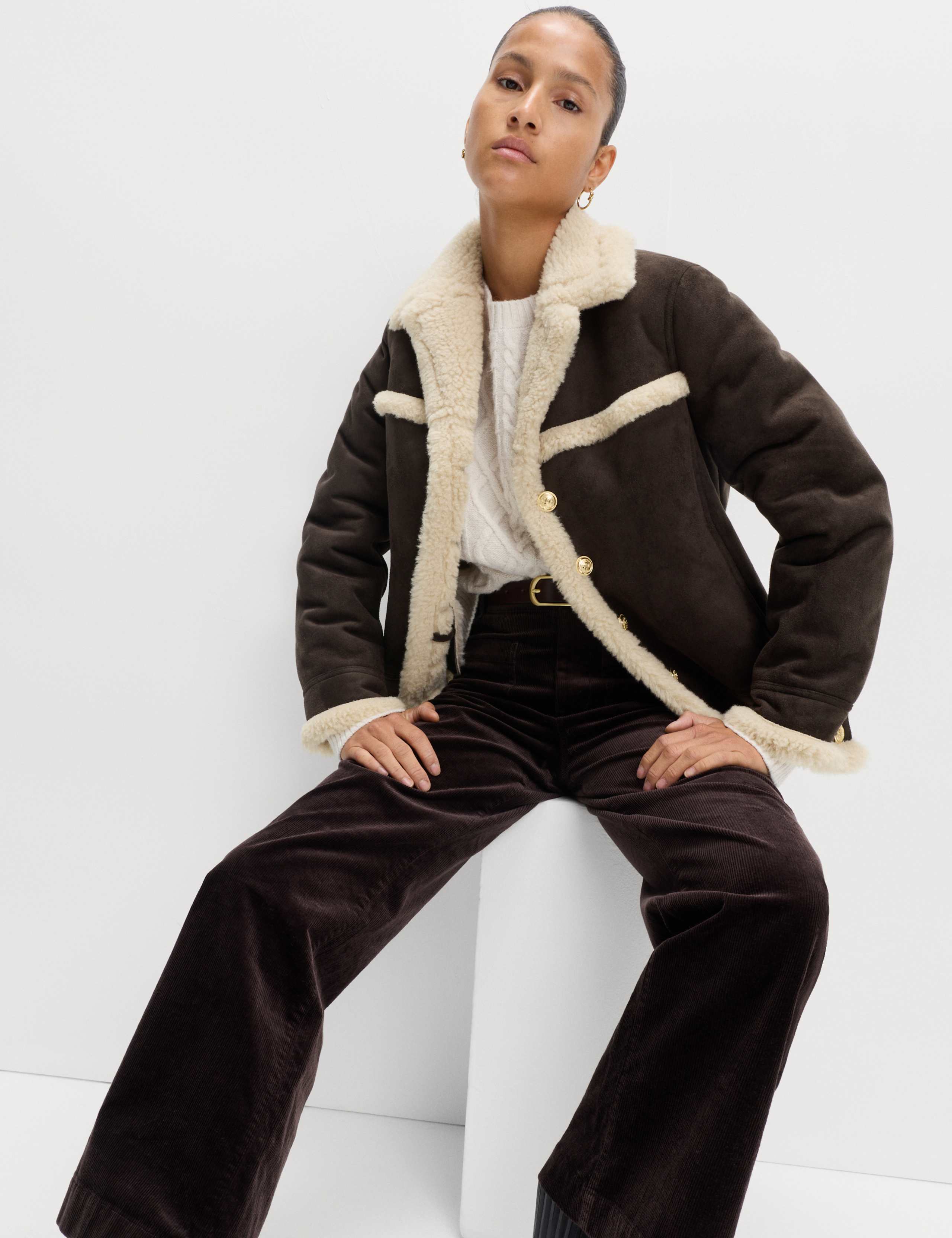 Faux Shearling Suedette Collared Button Aviator Jacket 3 of 7