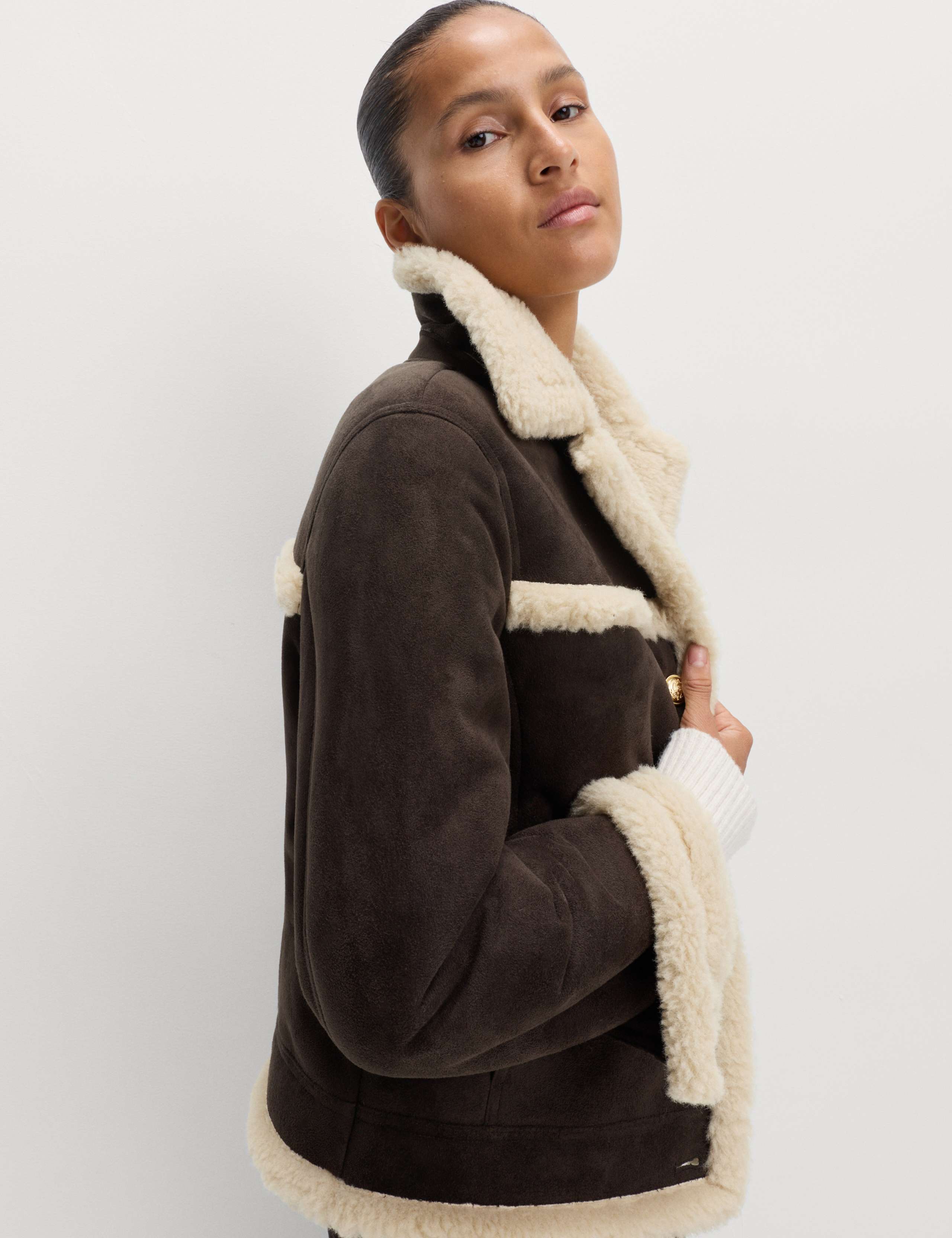 Faux Shearling Suedette Collared Button Aviator Jacket 4 of 7