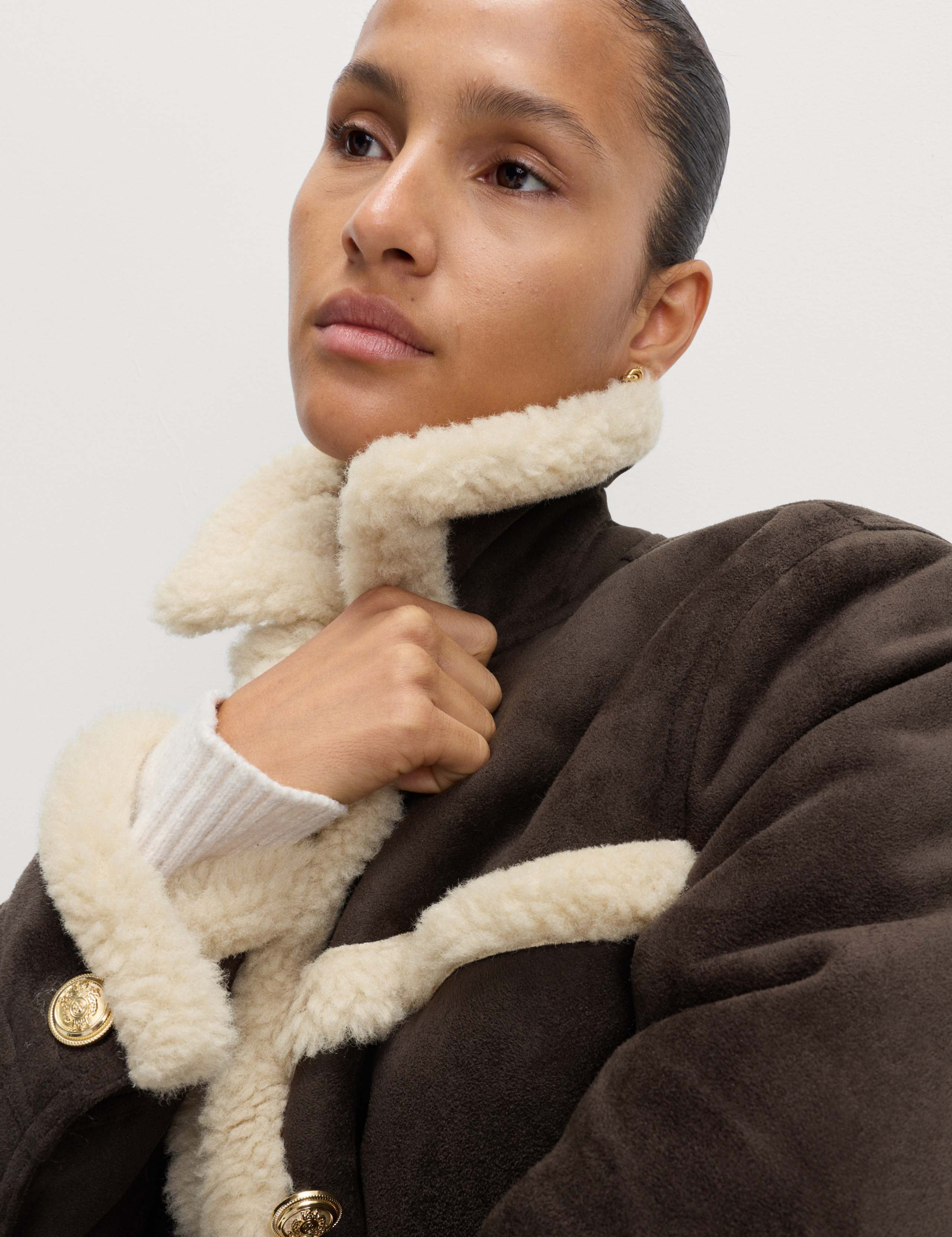 Faux Shearling Suedette Collared Button Aviator Jacket 6 of 7