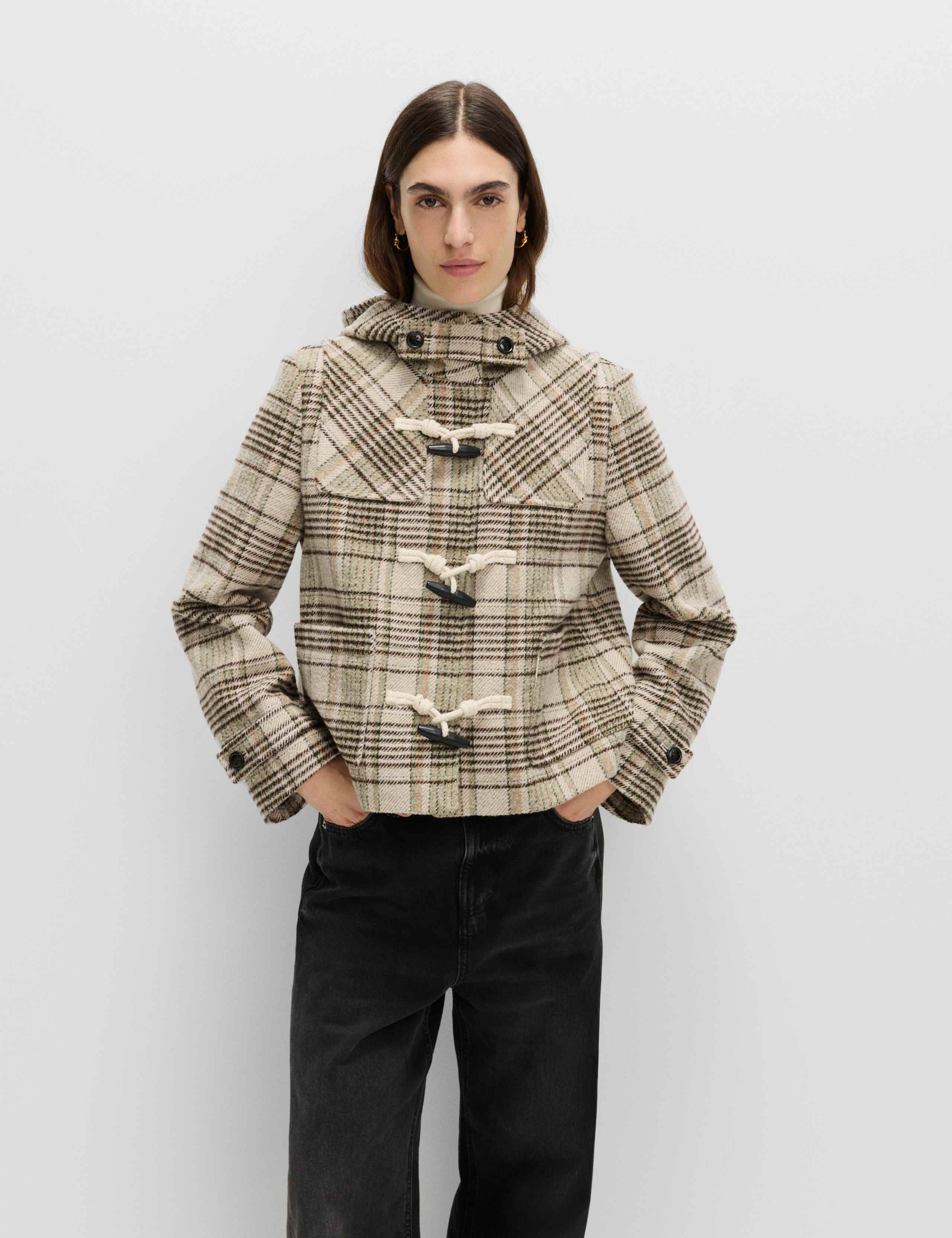 Checked Hooded Duffle Coat With Wool 3 of 3