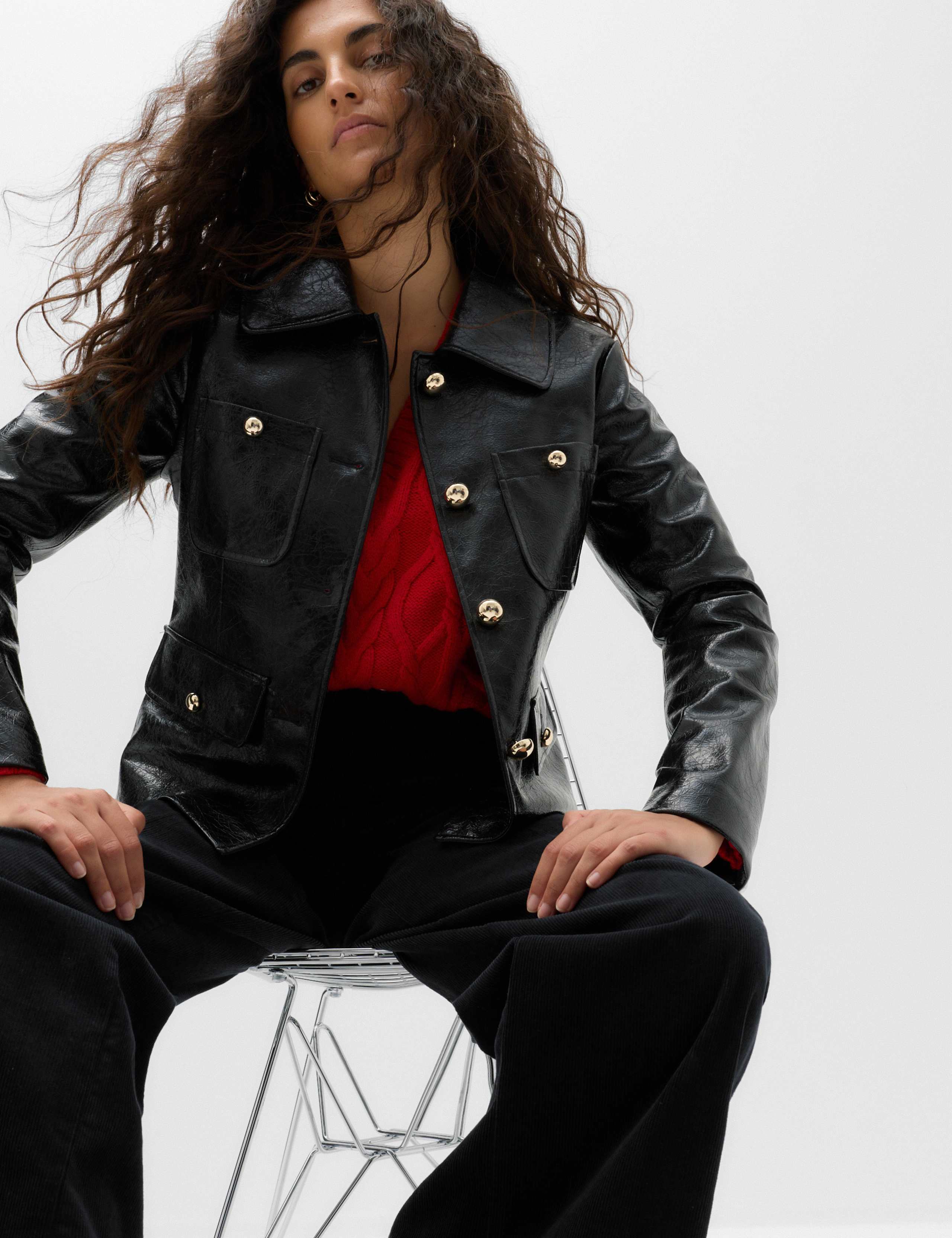 Faux Leather High Shine Collared Jacket 1 of 7