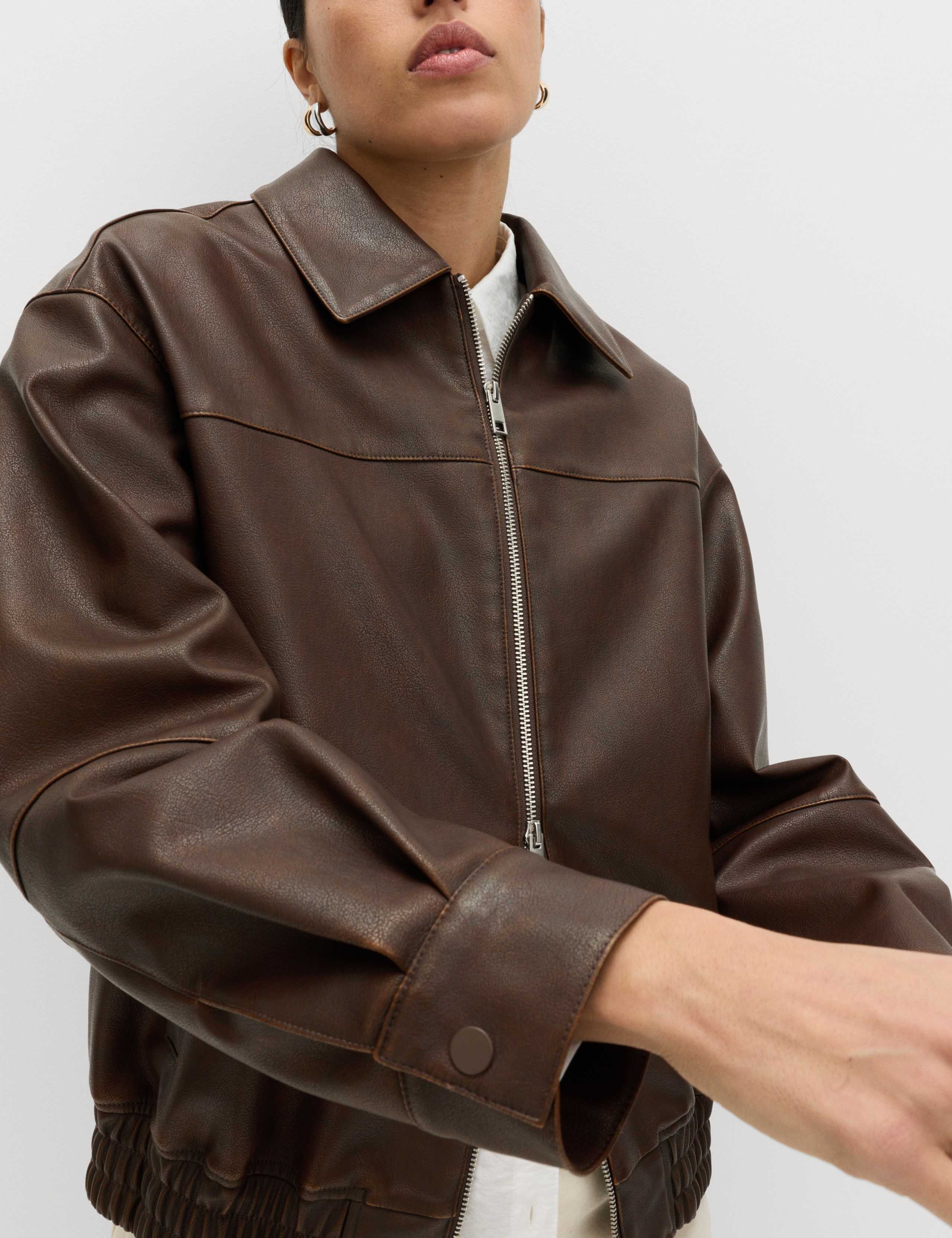 Faux Leather Aged Collared Bomber Jacket 3 of 7