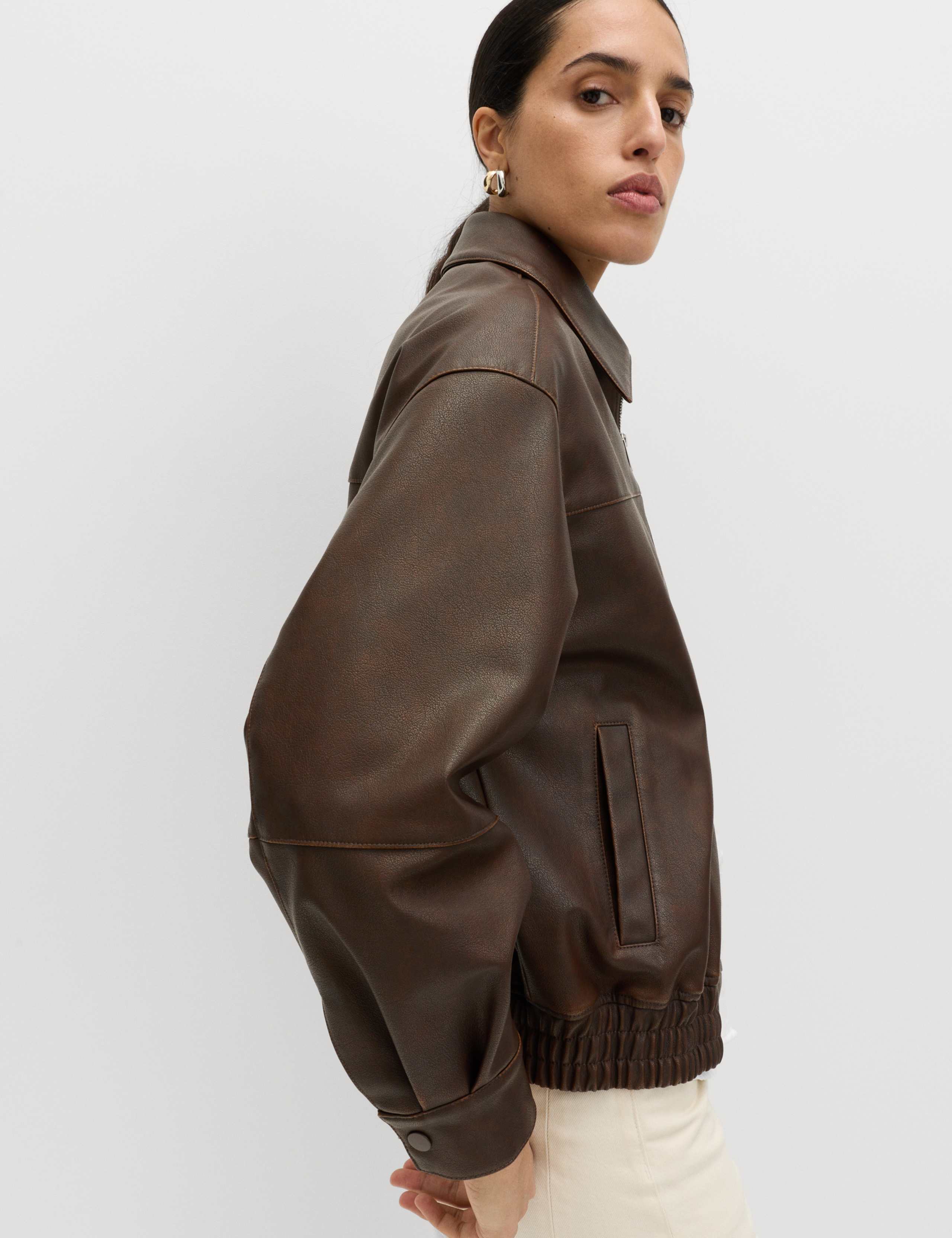 Faux Leather Aged Collared Bomber Jacket 5 of 7