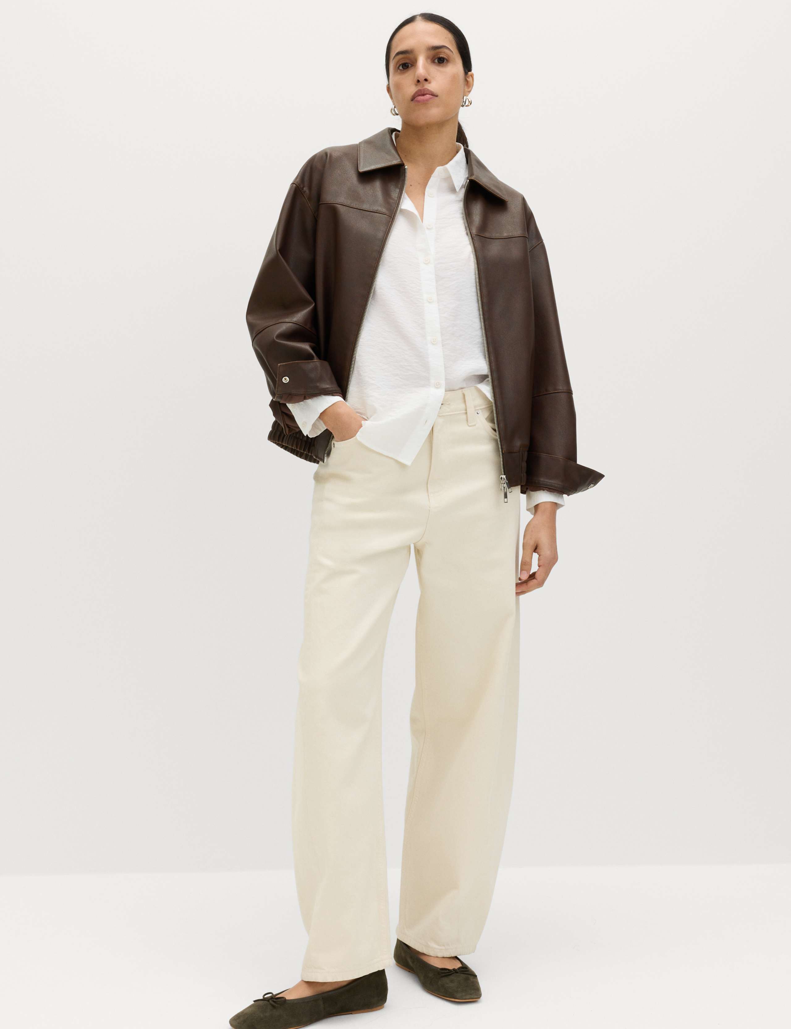 Faux Leather Aged Collared Bomber Jacket 6 of 7