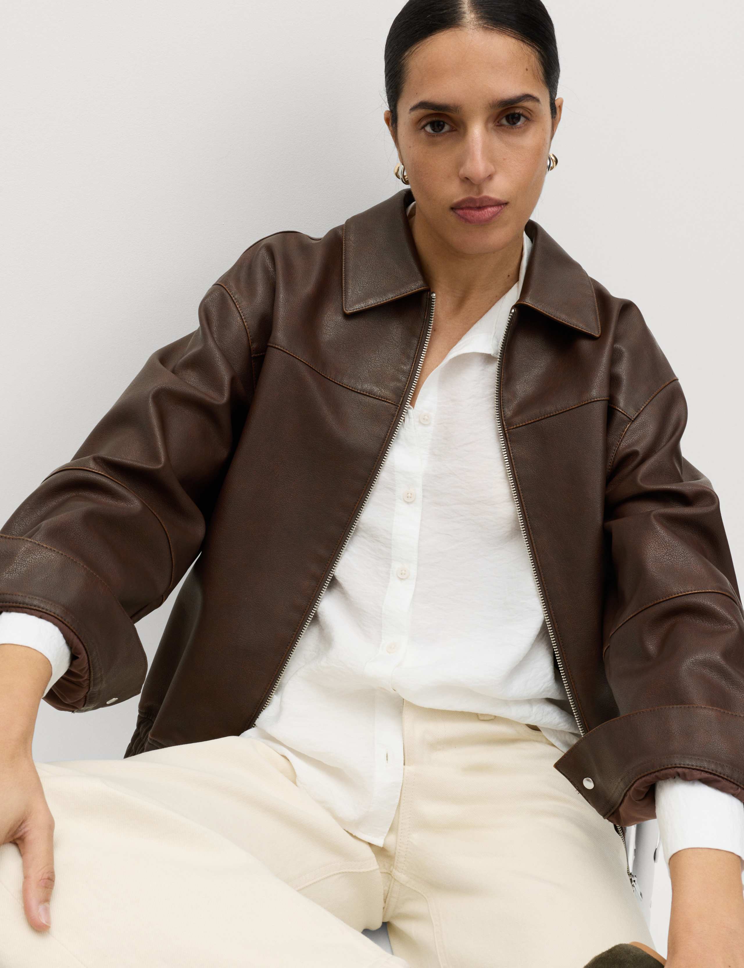 Faux Leather Aged Collared Bomber Jacket 7 of 7