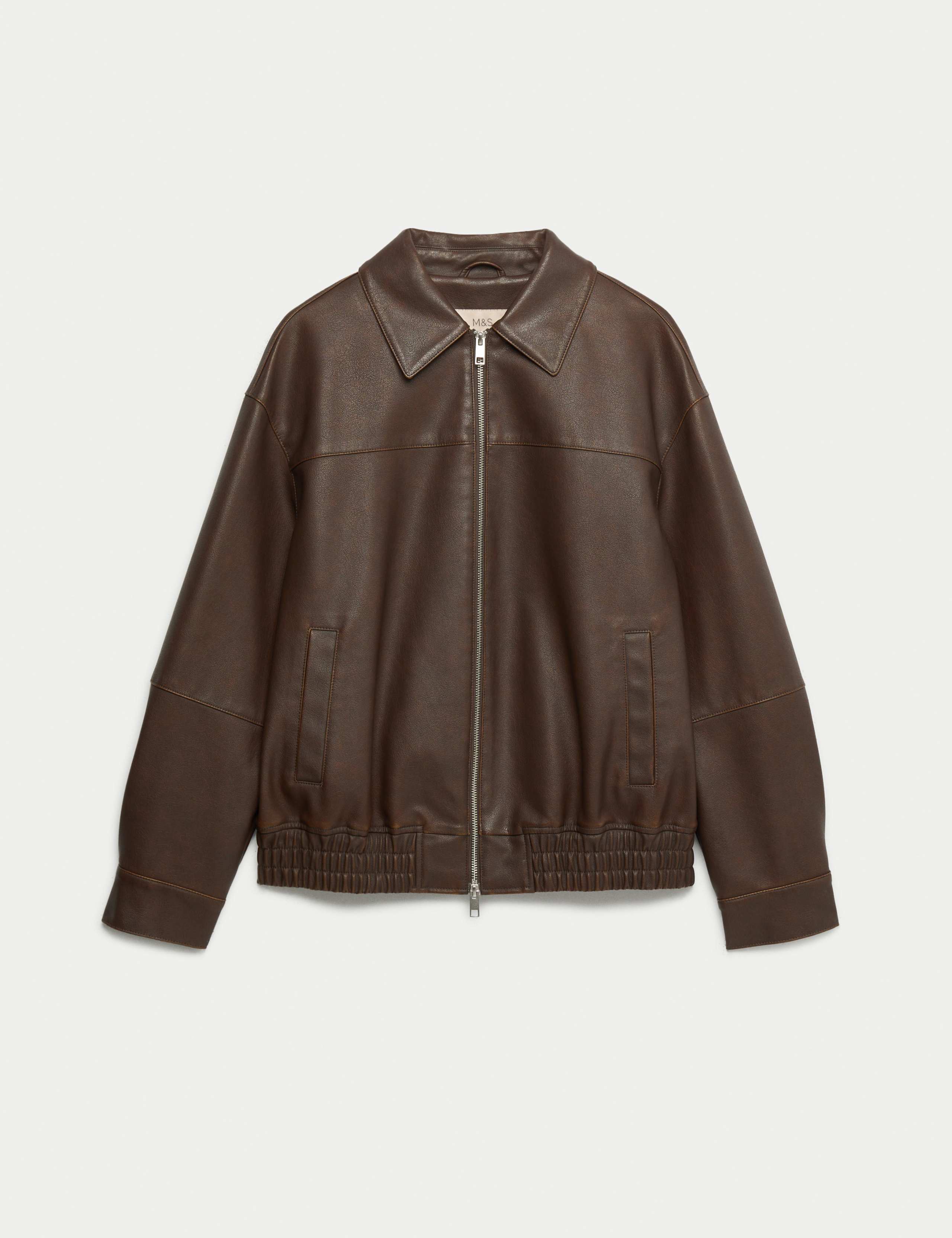Faux Leather Aged Collared Bomber Jacket 1 of 1