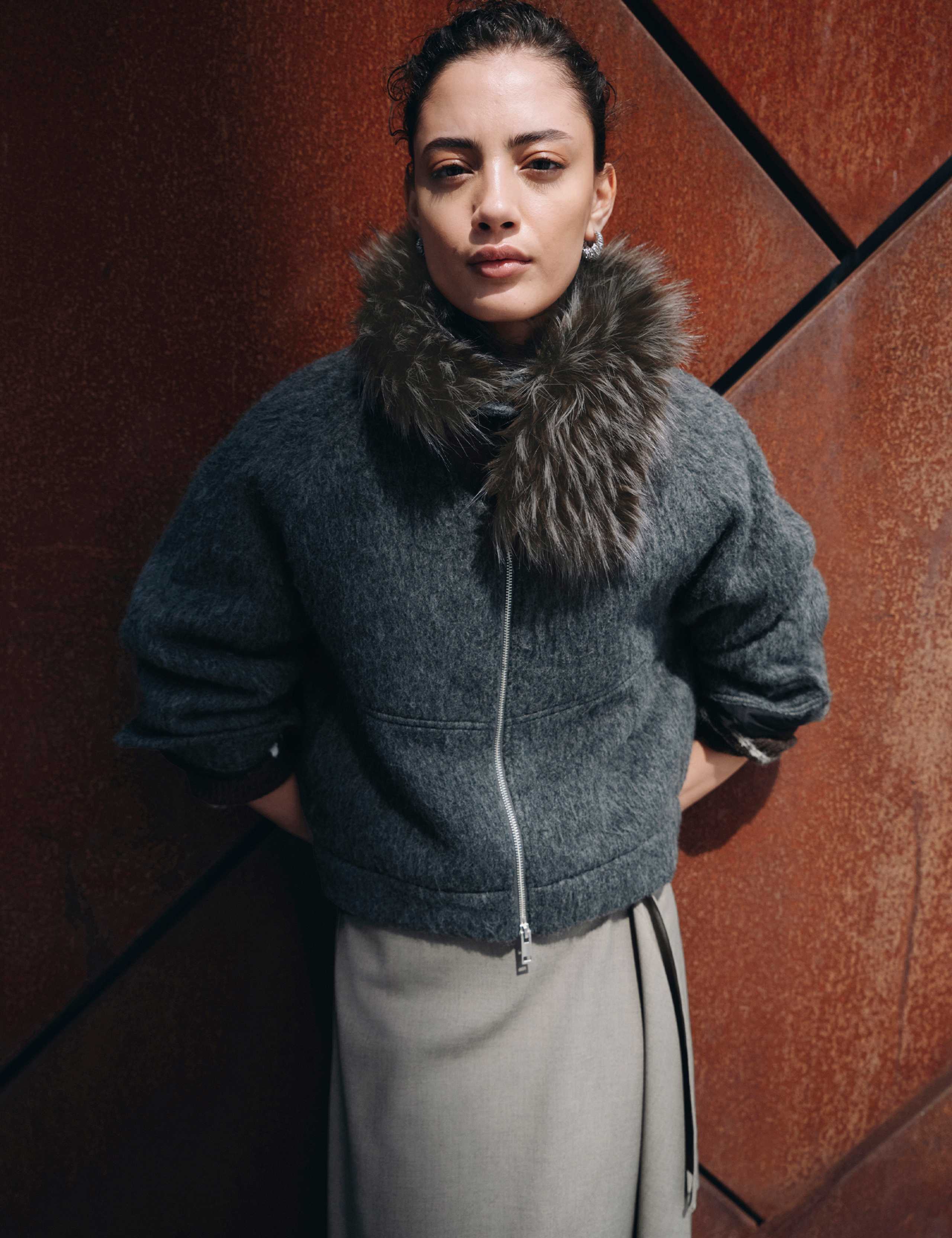 Wool Blend Faux Fur Trim Bomber Jacket 1 of 6