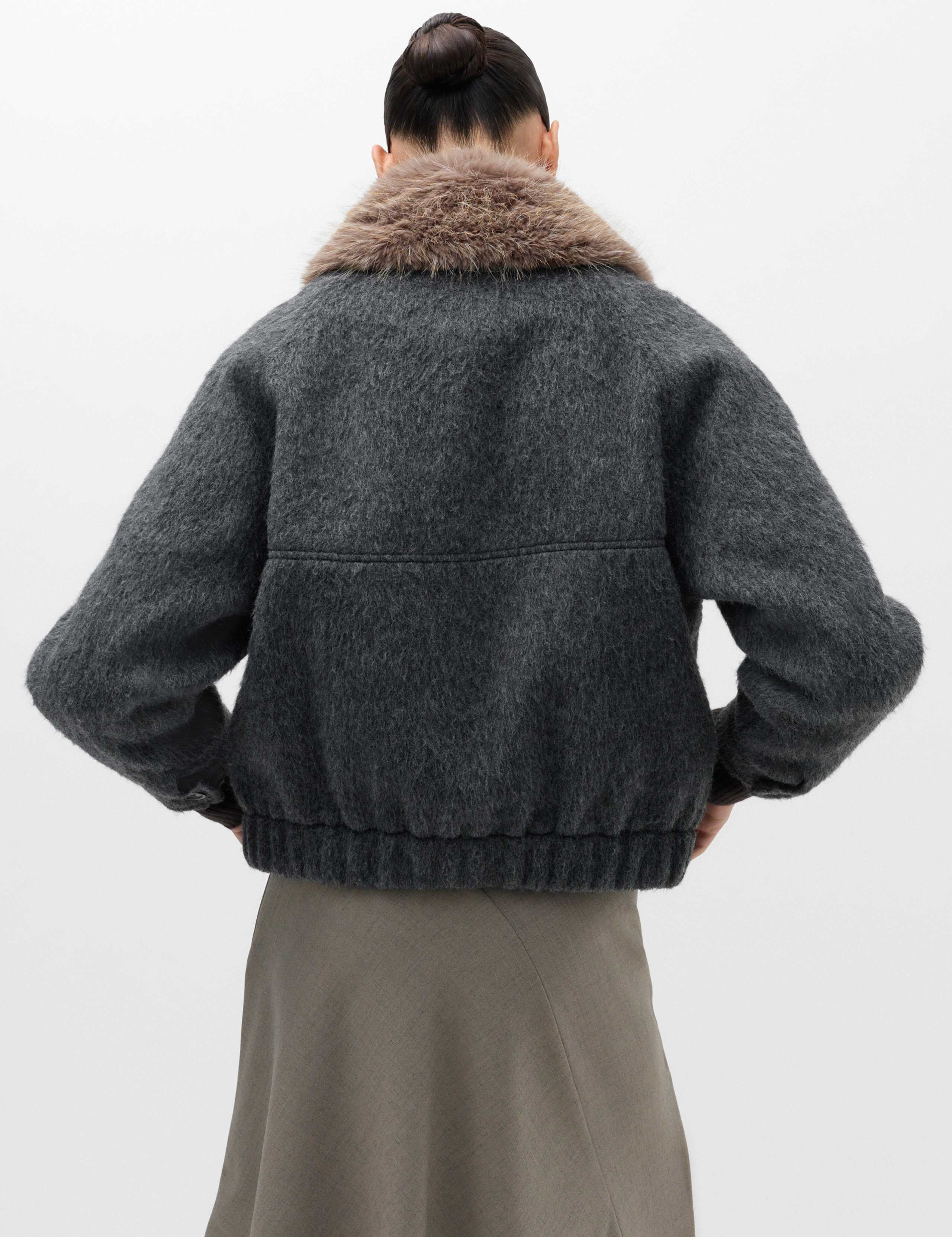 Wool Blend Faux Fur Trim Bomber Jacket 3 of 6