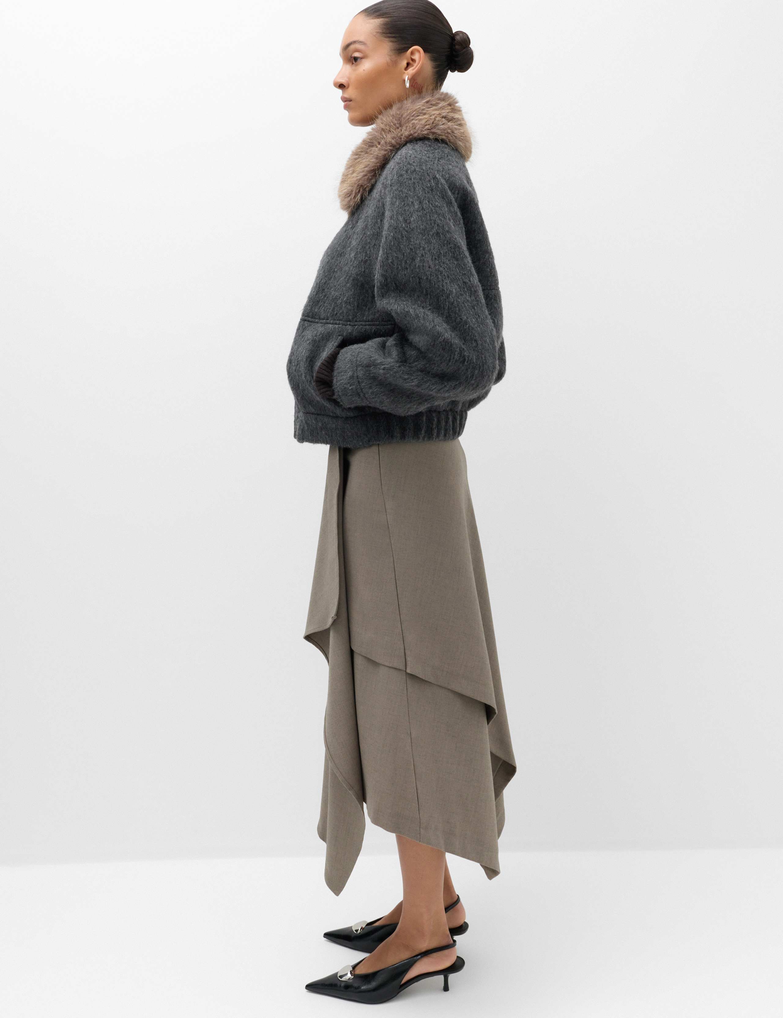 Wool Blend Faux Fur Trim Bomber Jacket 4 of 6