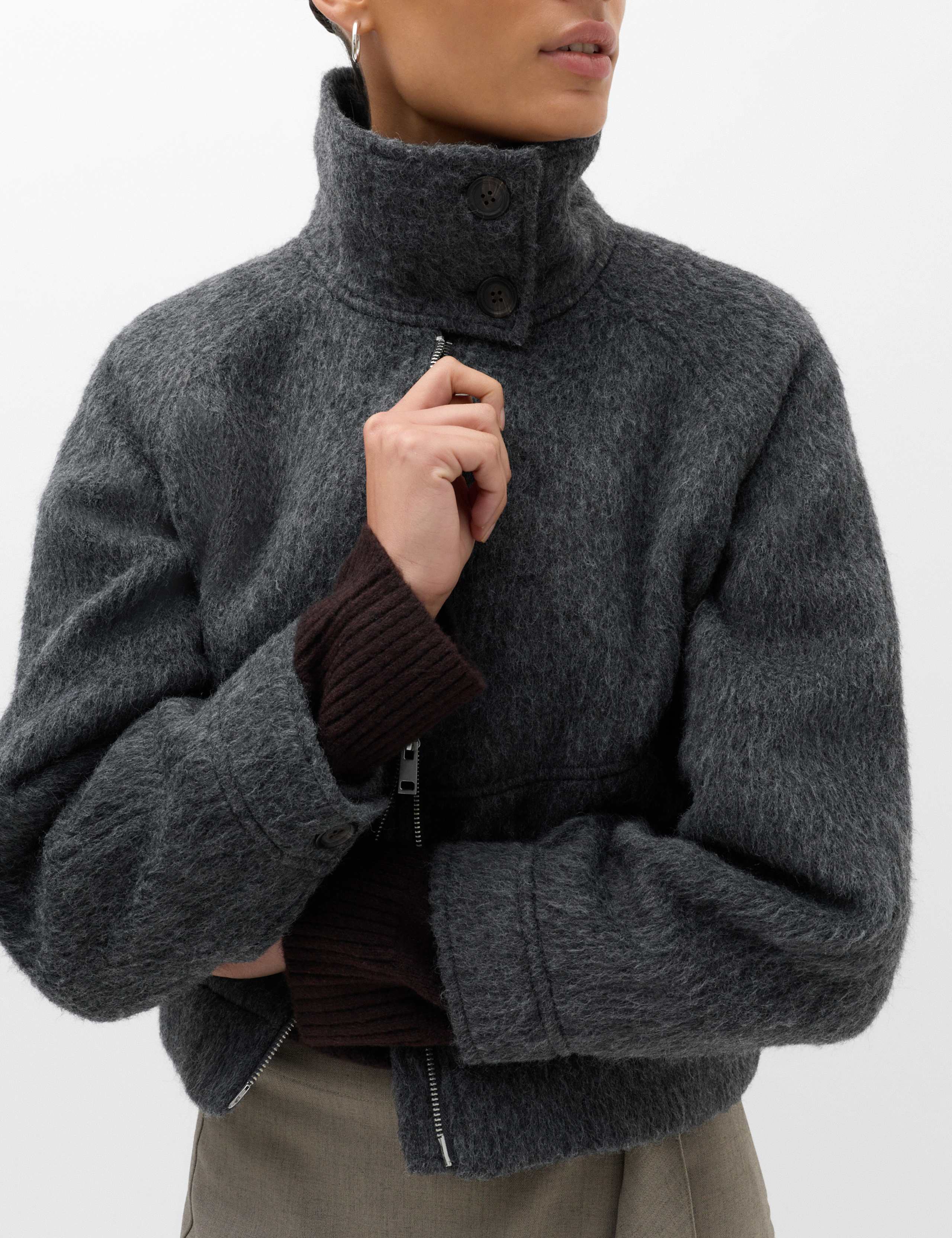 Wool Blend Faux Fur Trim Bomber Jacket 5 of 6
