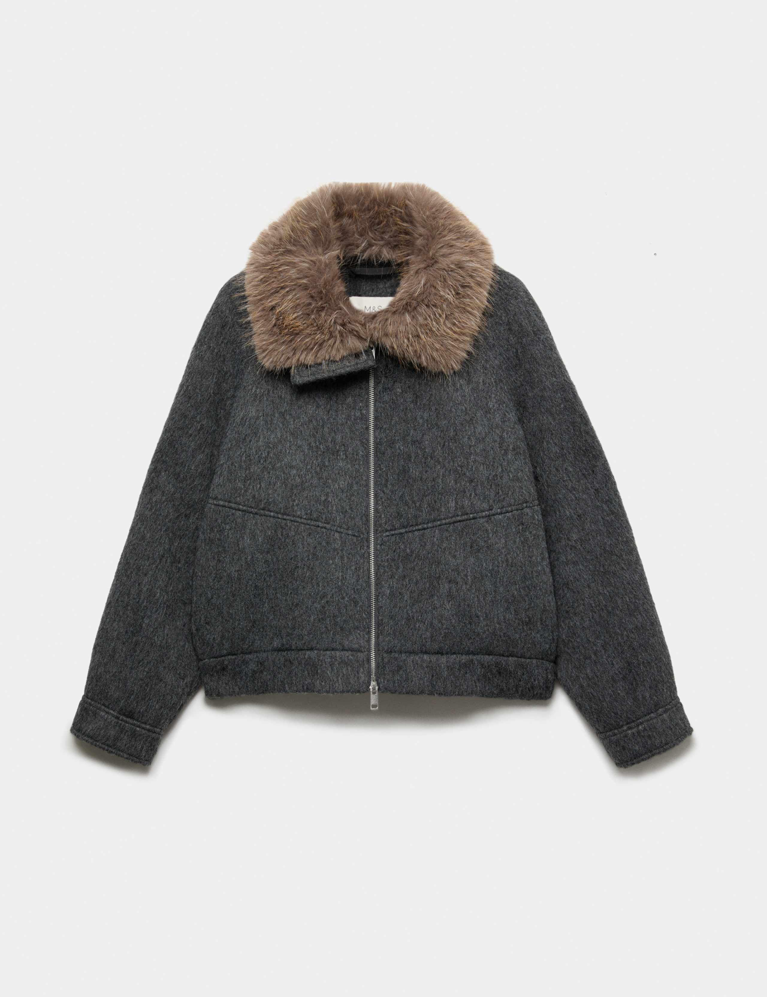 Wool Blend Faux Fur Trim Bomber Jacket 2 of 6