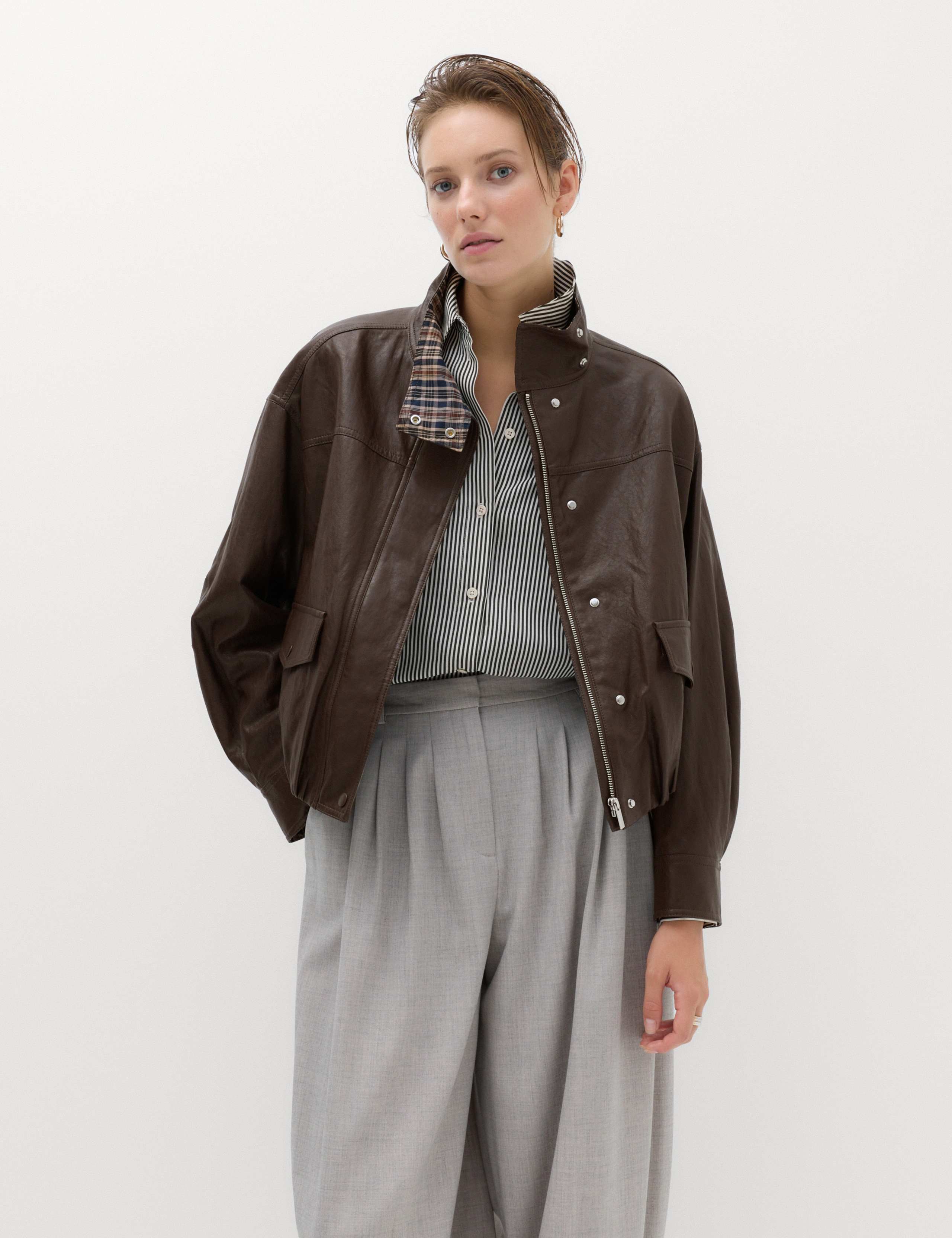 Faux Leather Checked Funnel Neck Bomber Jacket 4 of 7