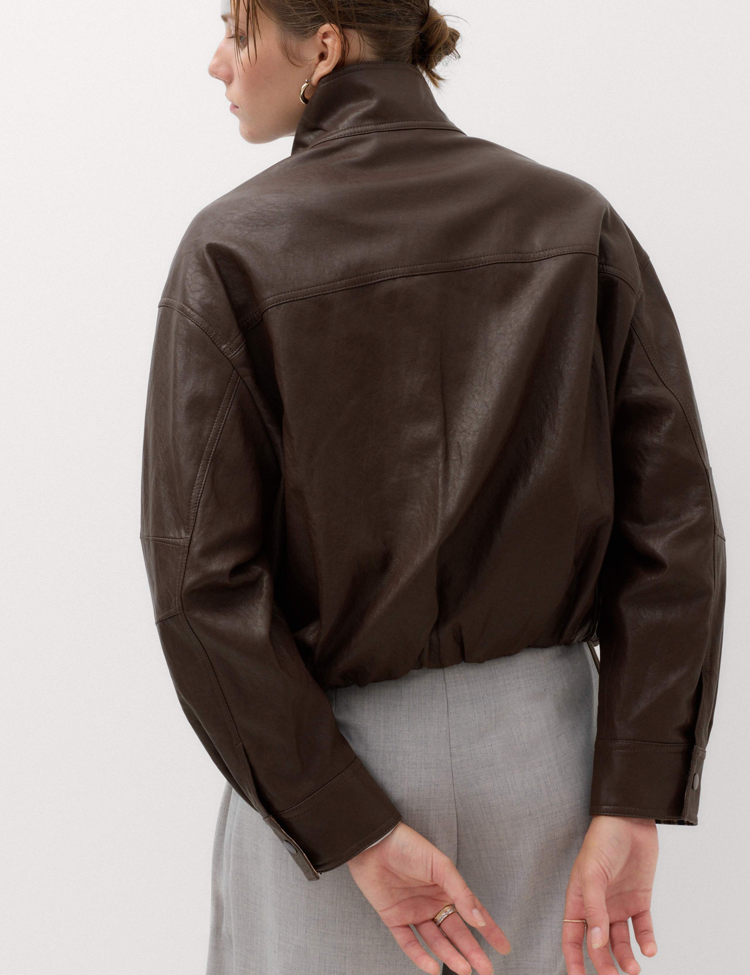 Faux Leather Checked Funnel Neck Bomber Jacket 5 of 7