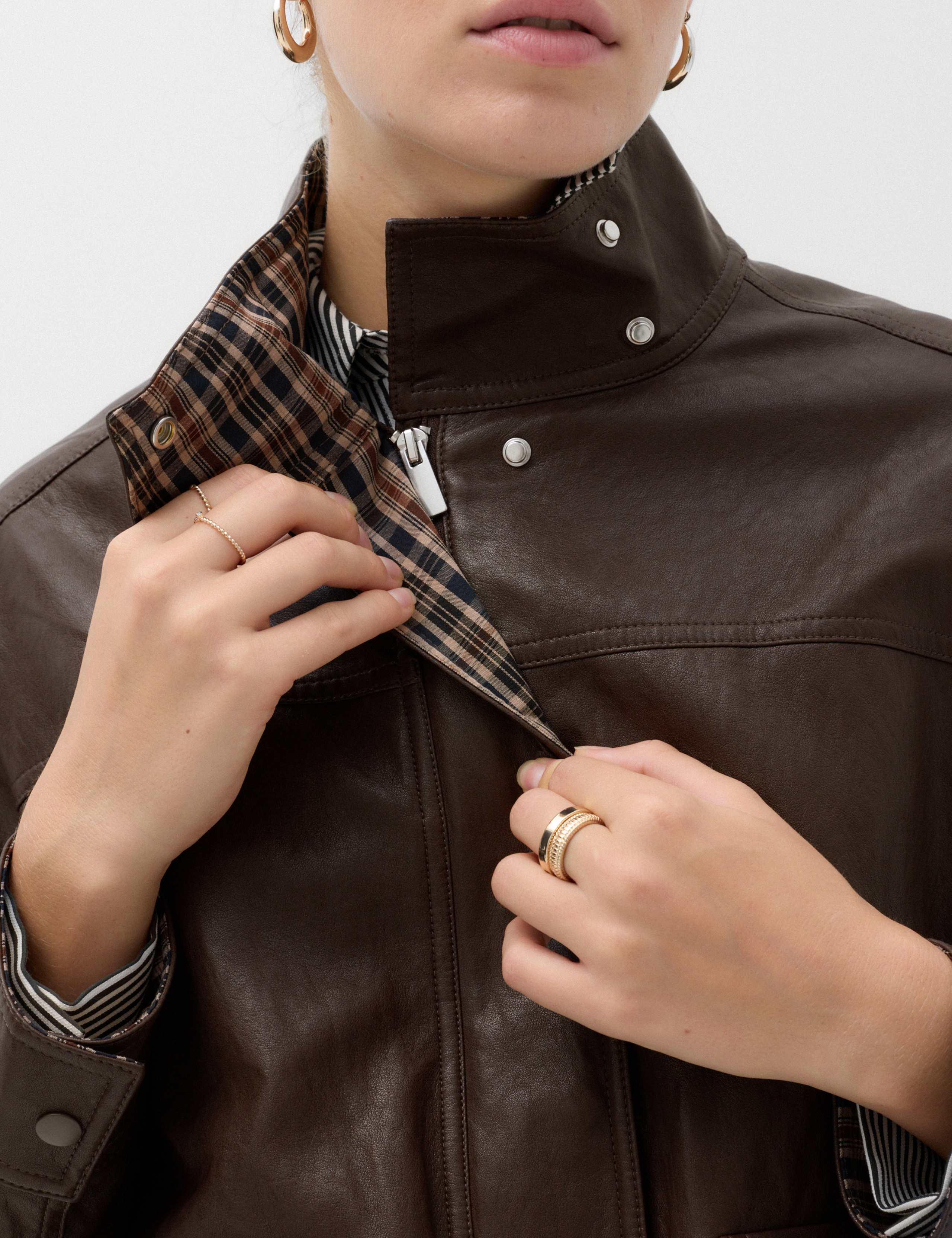 Faux Leather Checked Funnel Neck Bomber Jacket 6 of 7