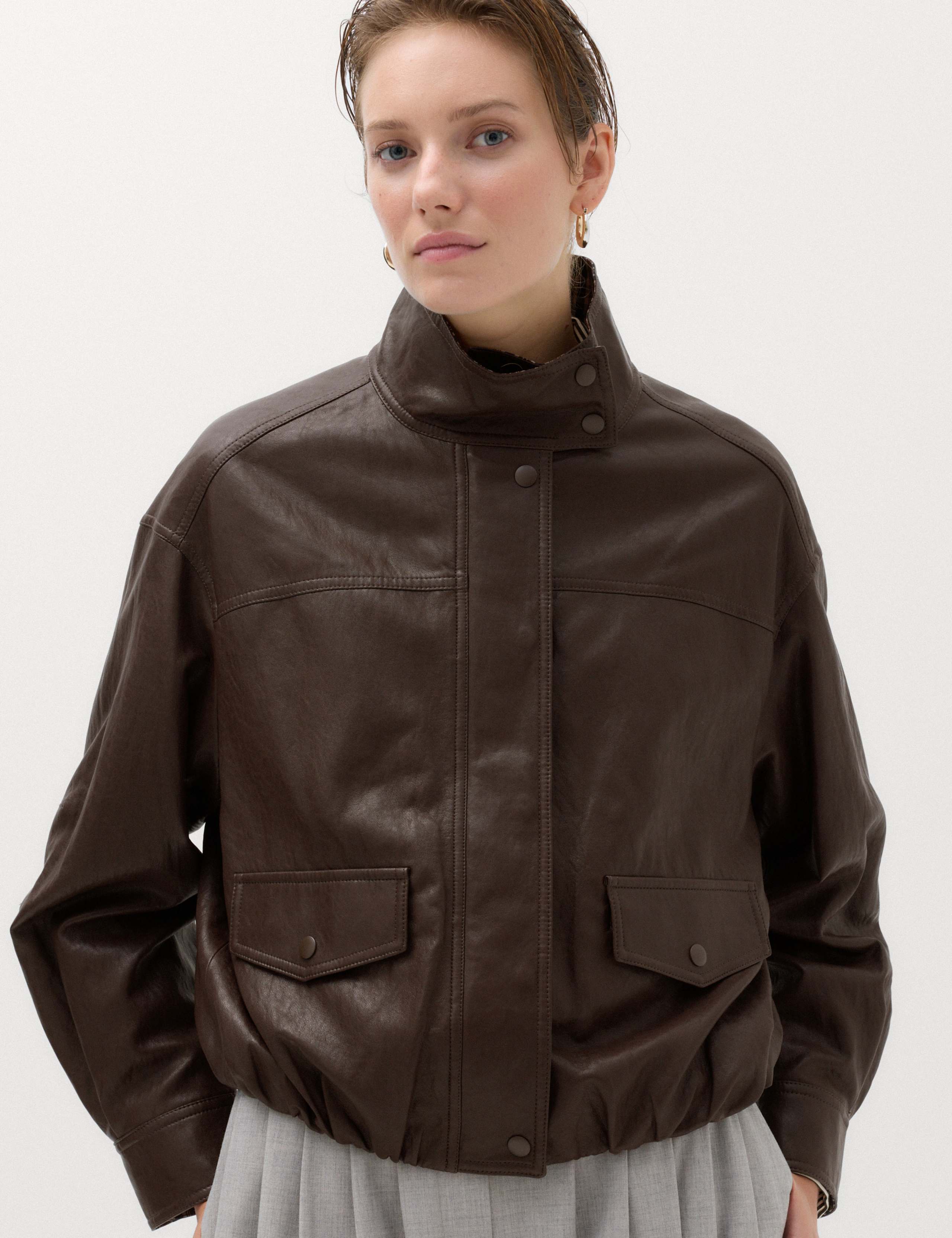 Faux Leather Checked Funnel Neck Bomber Jacket 7 of 7