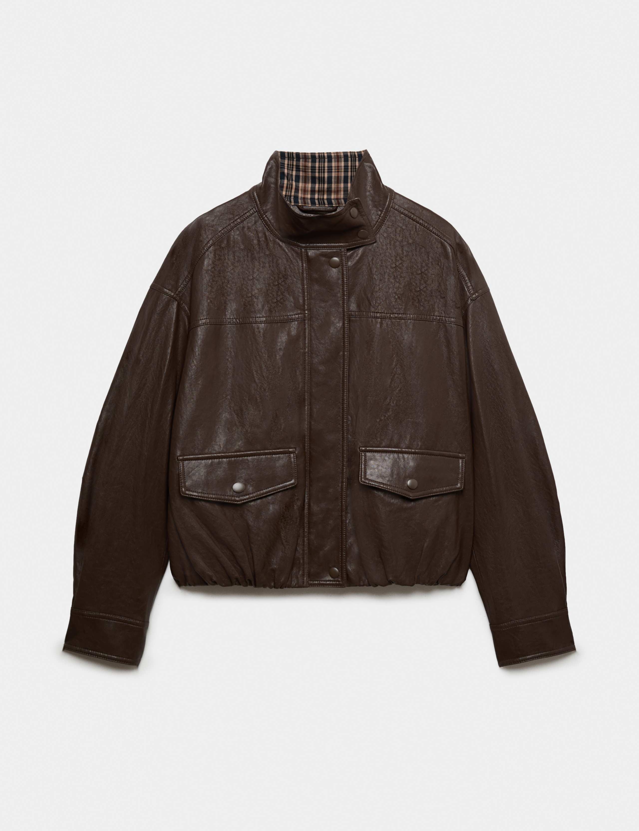 Faux Leather Checked Funnel Neck Bomber Jacket 2 of 7