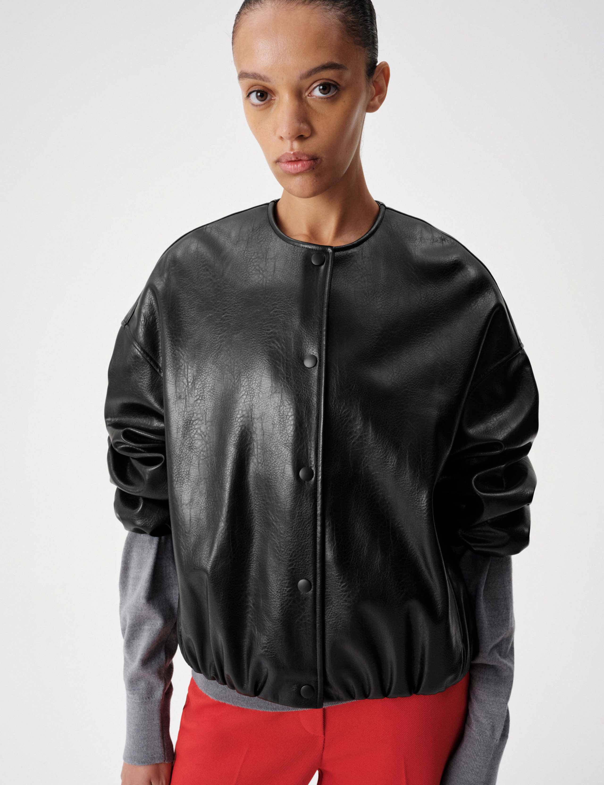 Faux Leather Bubble Hem Bomber Jacket 4 of 6