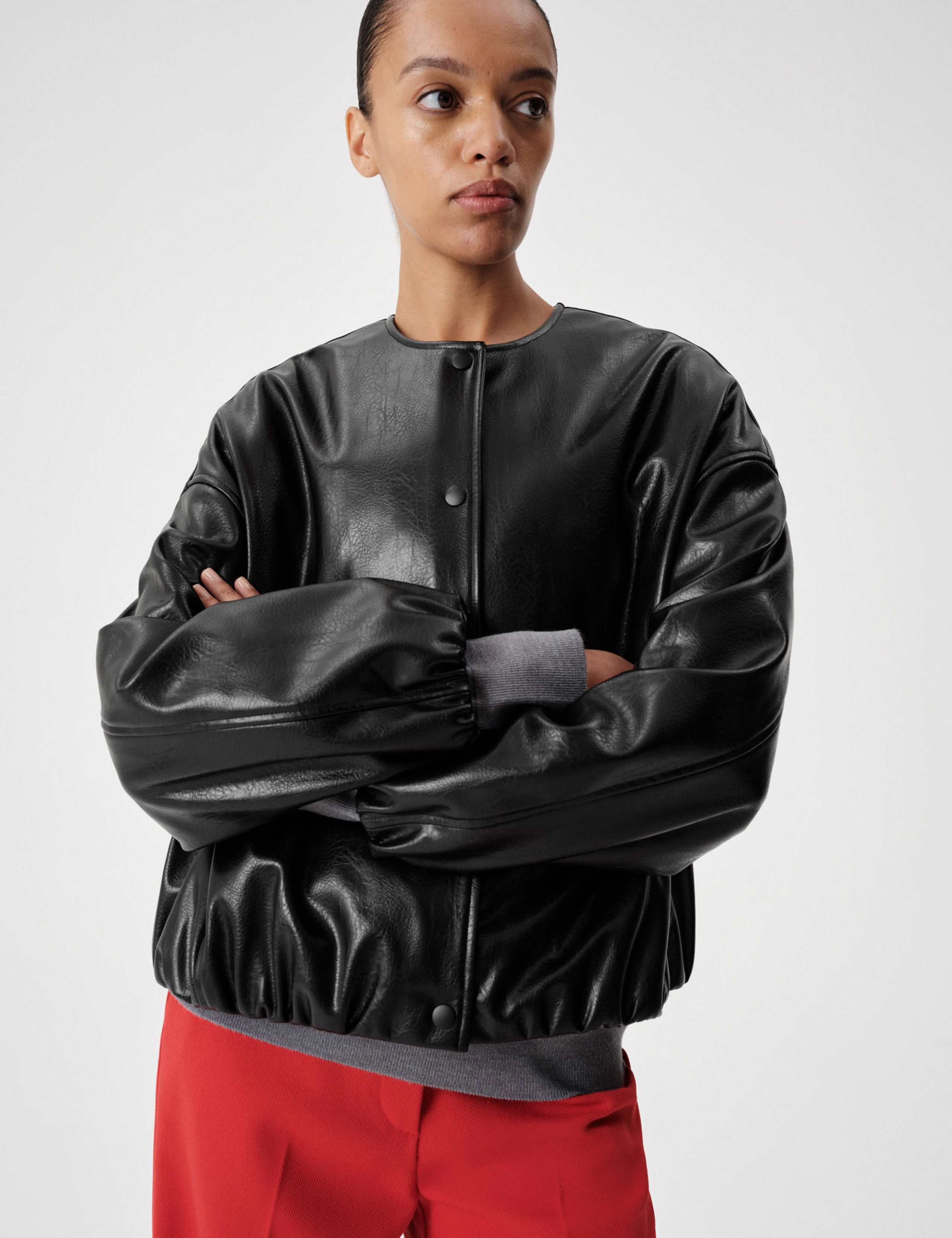 Faux Leather Bubble Hem Bomber Jacket 5 of 6