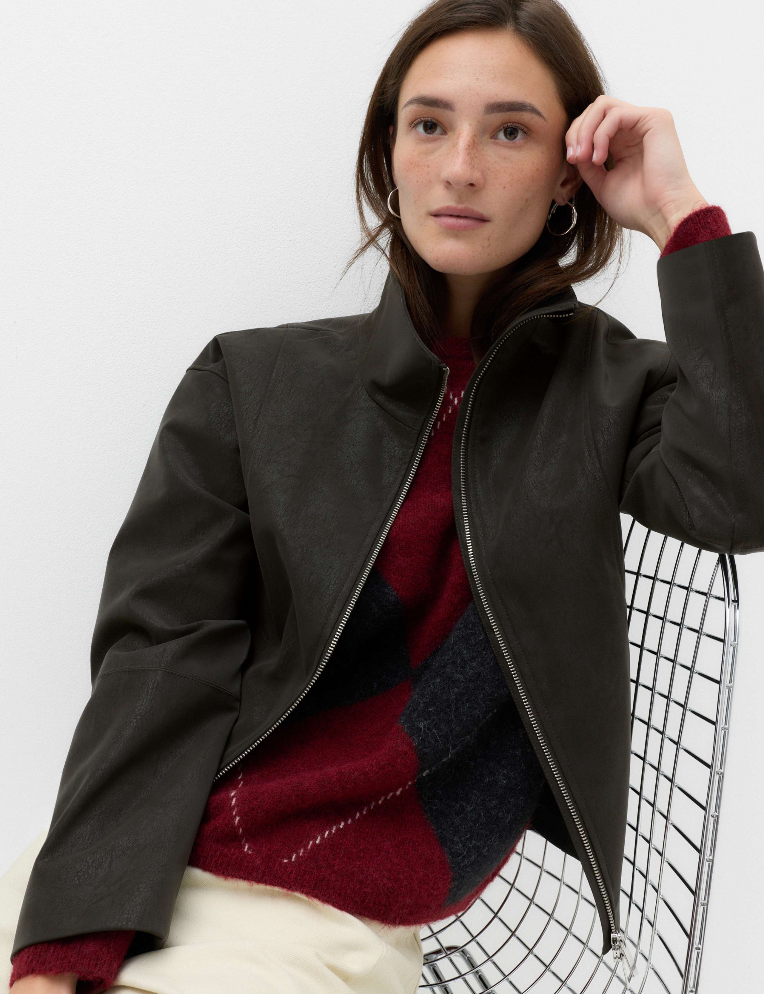 Faux Suede Funnel Neck Zip Through Jacket 1 of 6