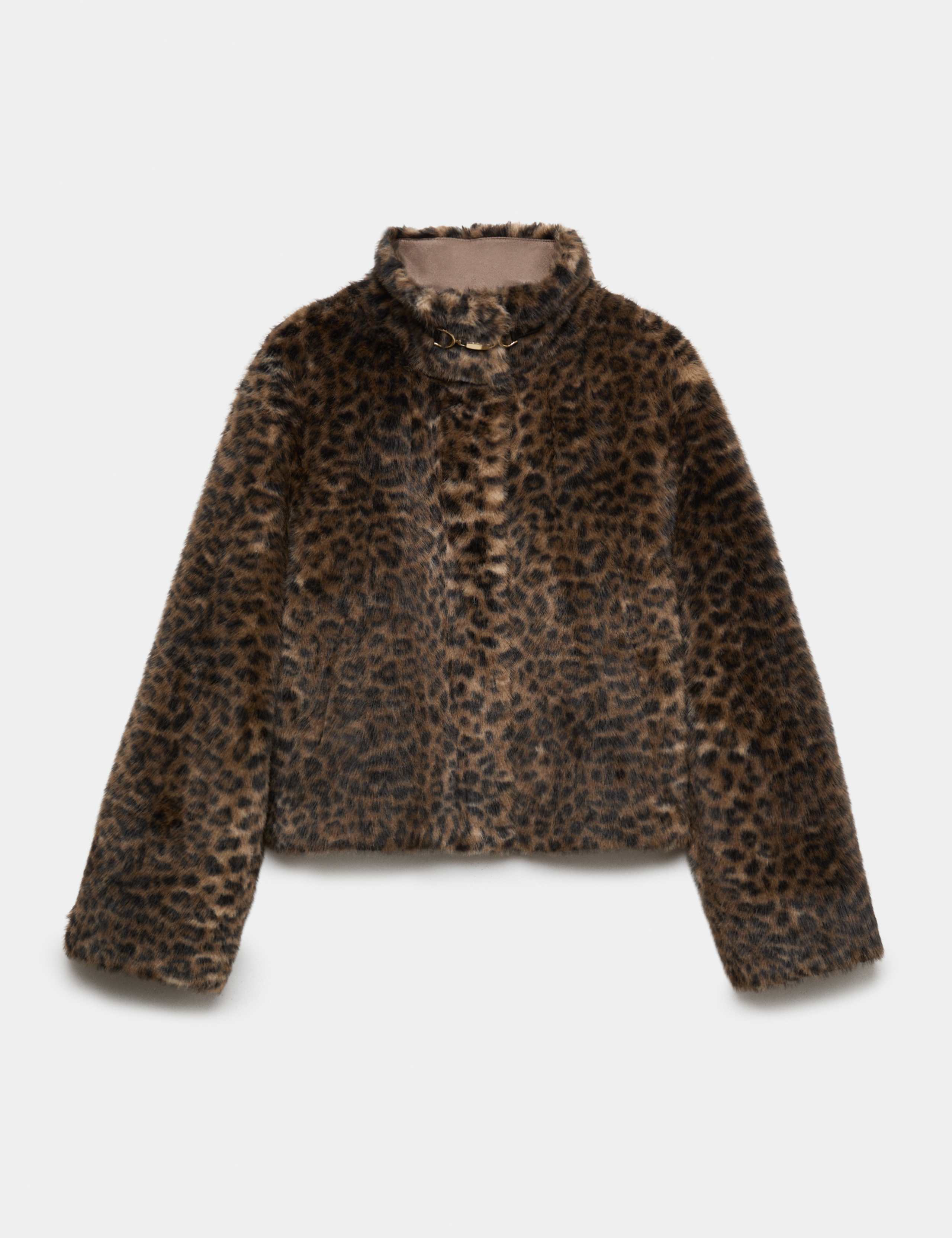 Faux Fur Leopard Print Funnel Neck Cropped Jacket 2 of 7