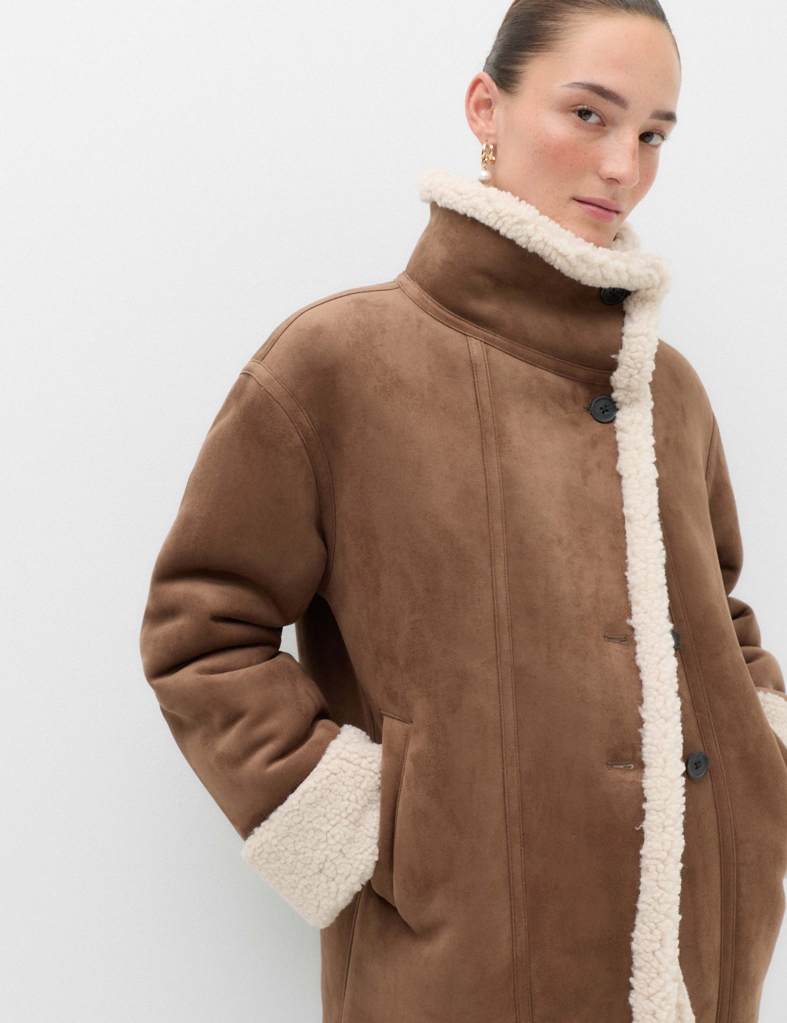 Suedette Shearling Funnel Neck Coat 5 of 6