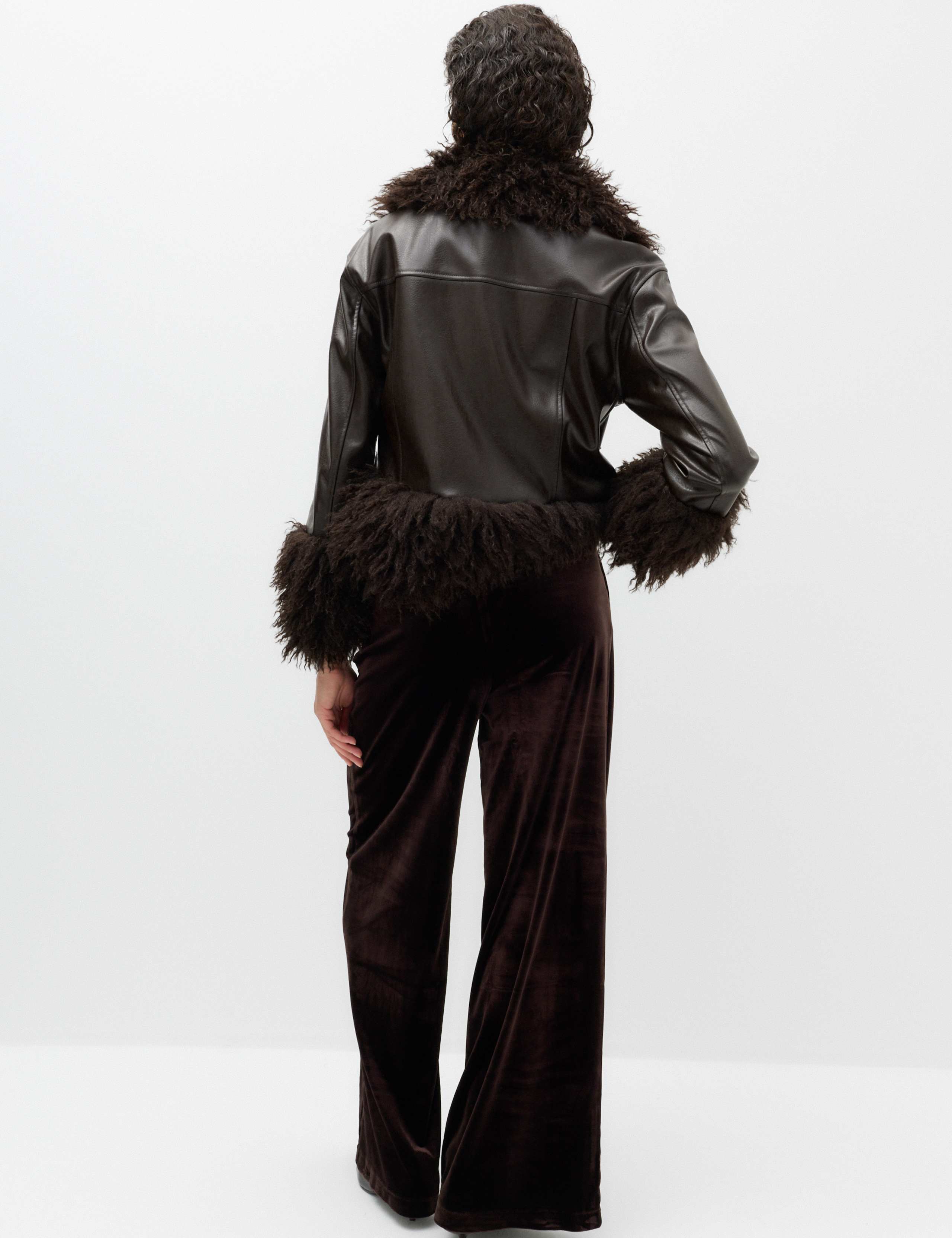 Faux Leather Faux Fur Trim Short Jacket 4 of 7
