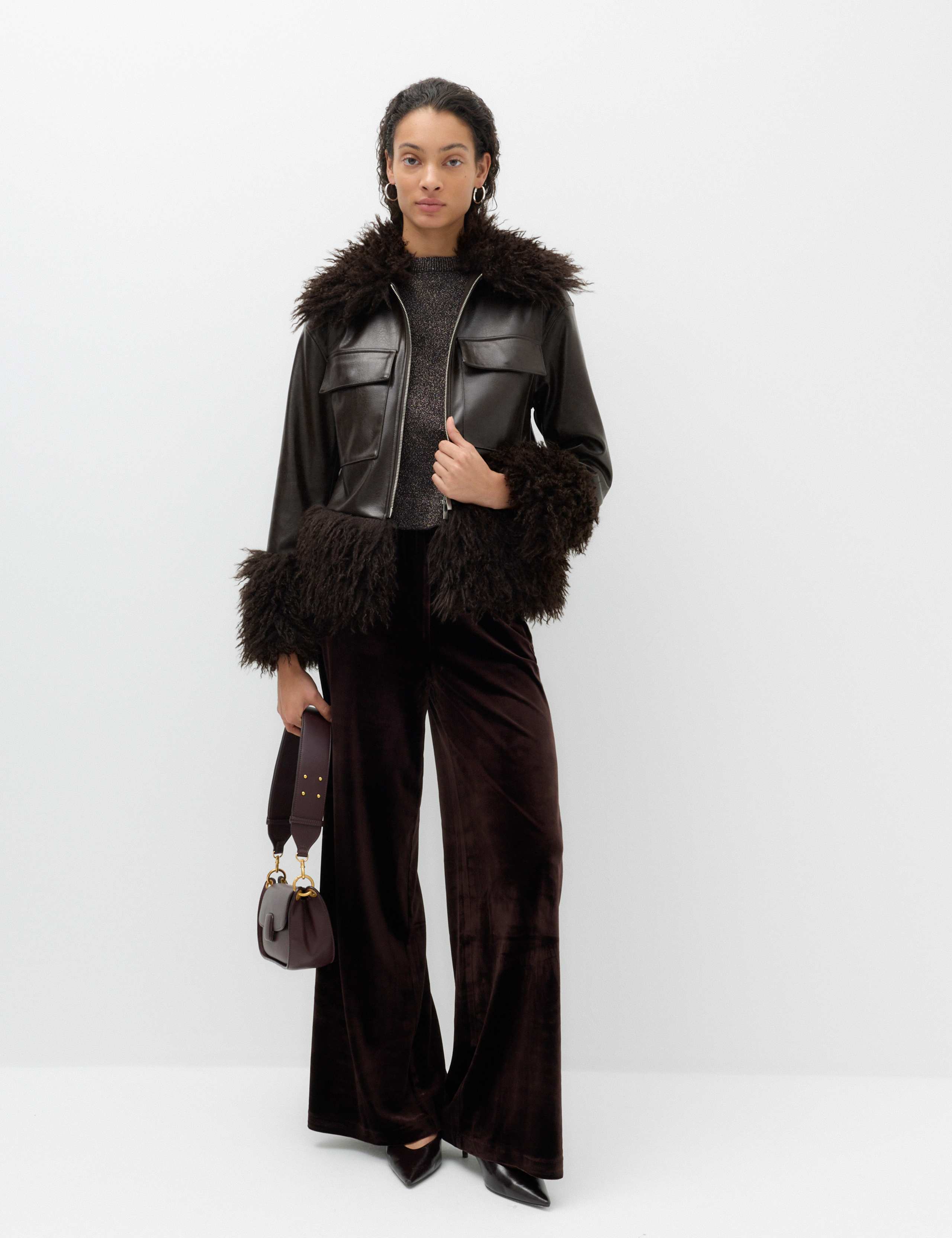 Faux Leather Faux Fur Trim Short Jacket 5 of 7