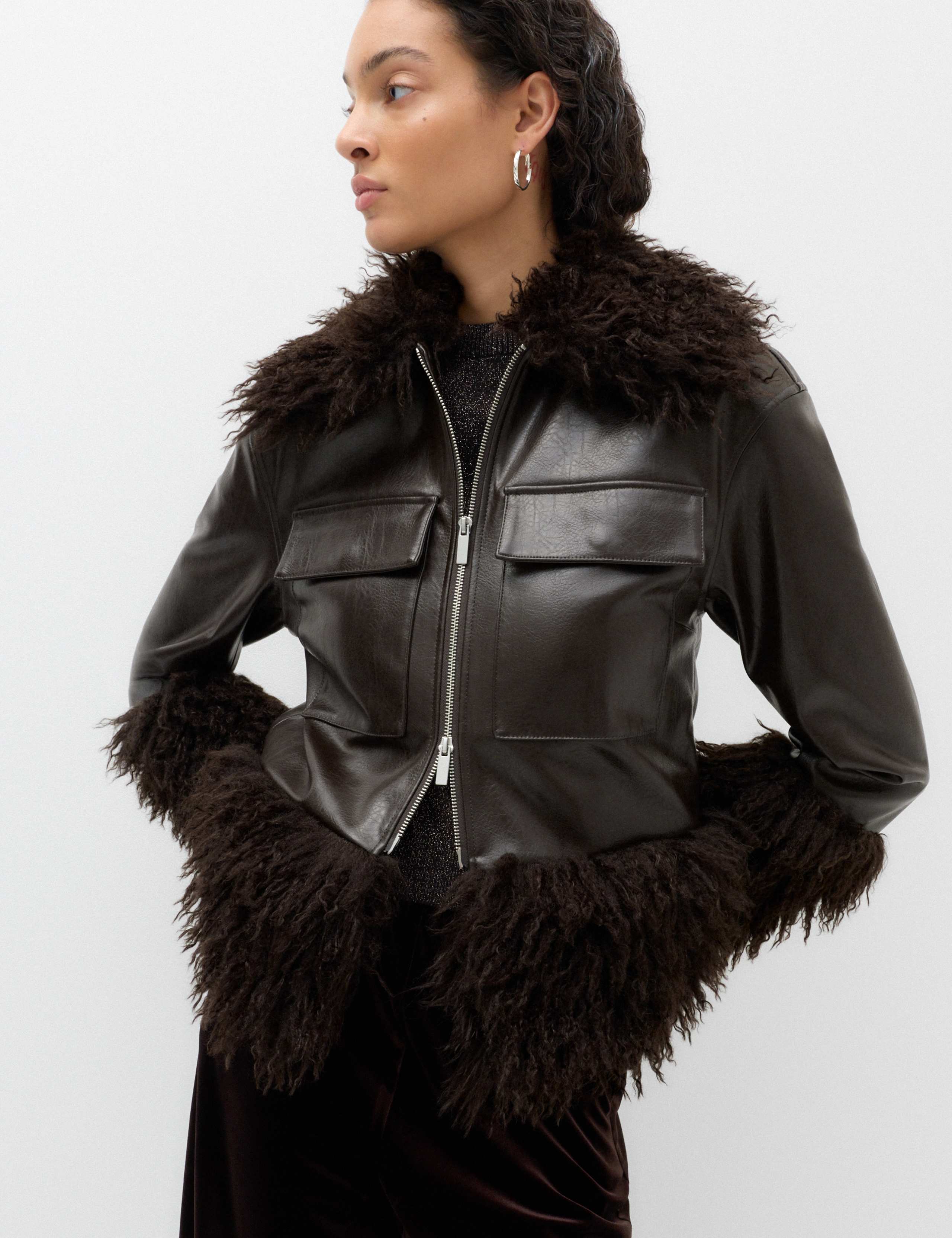 Faux Leather Faux Fur Trim Short Jacket 6 of 7