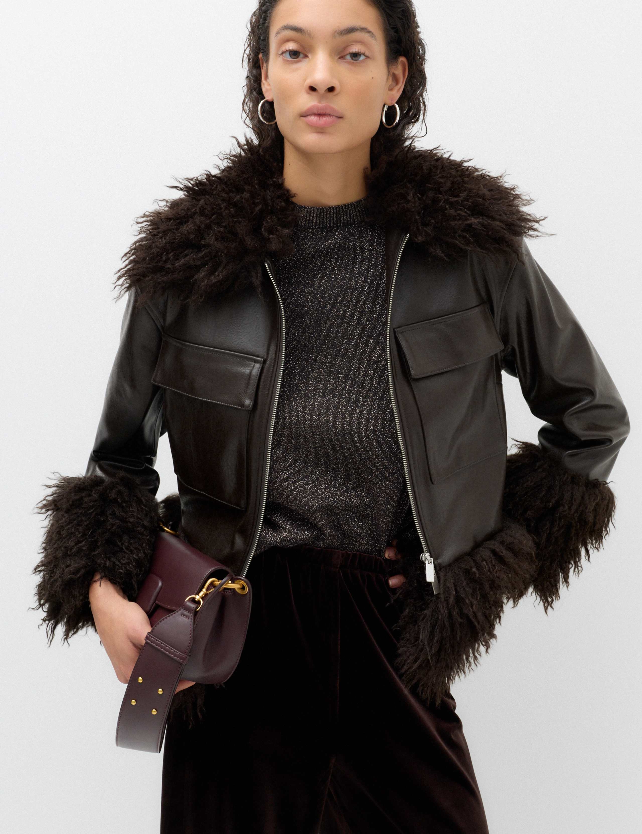 Faux Leather Faux Fur Trim Short Jacket 7 of 7