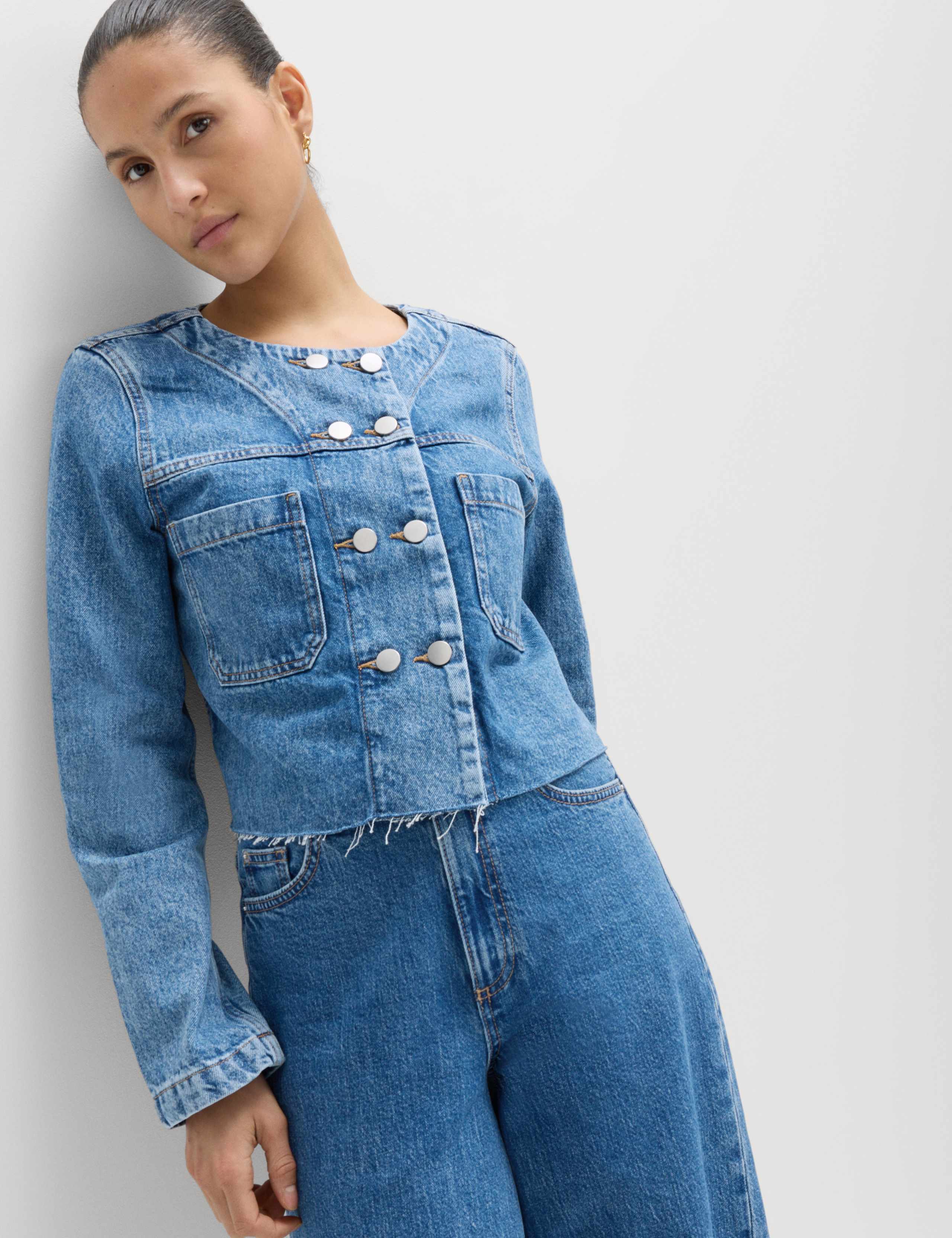 Denim Collarless Double-Breasted Cropped Jacket 1 of 5