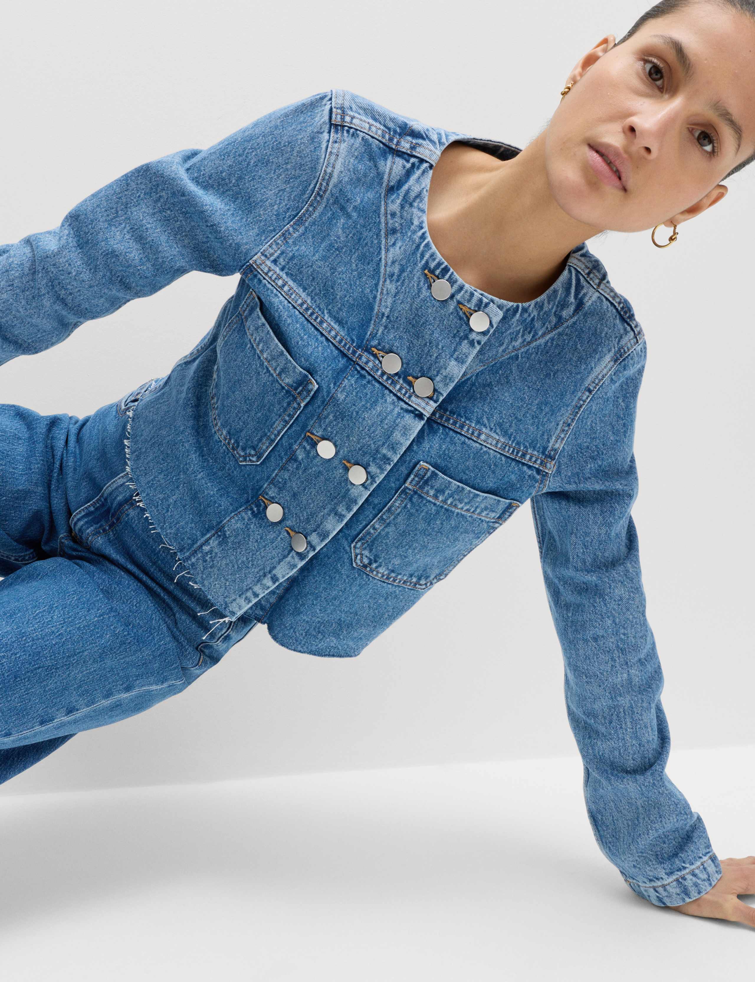 Denim Collarless Double-Breasted Cropped Jacket 5 of 5