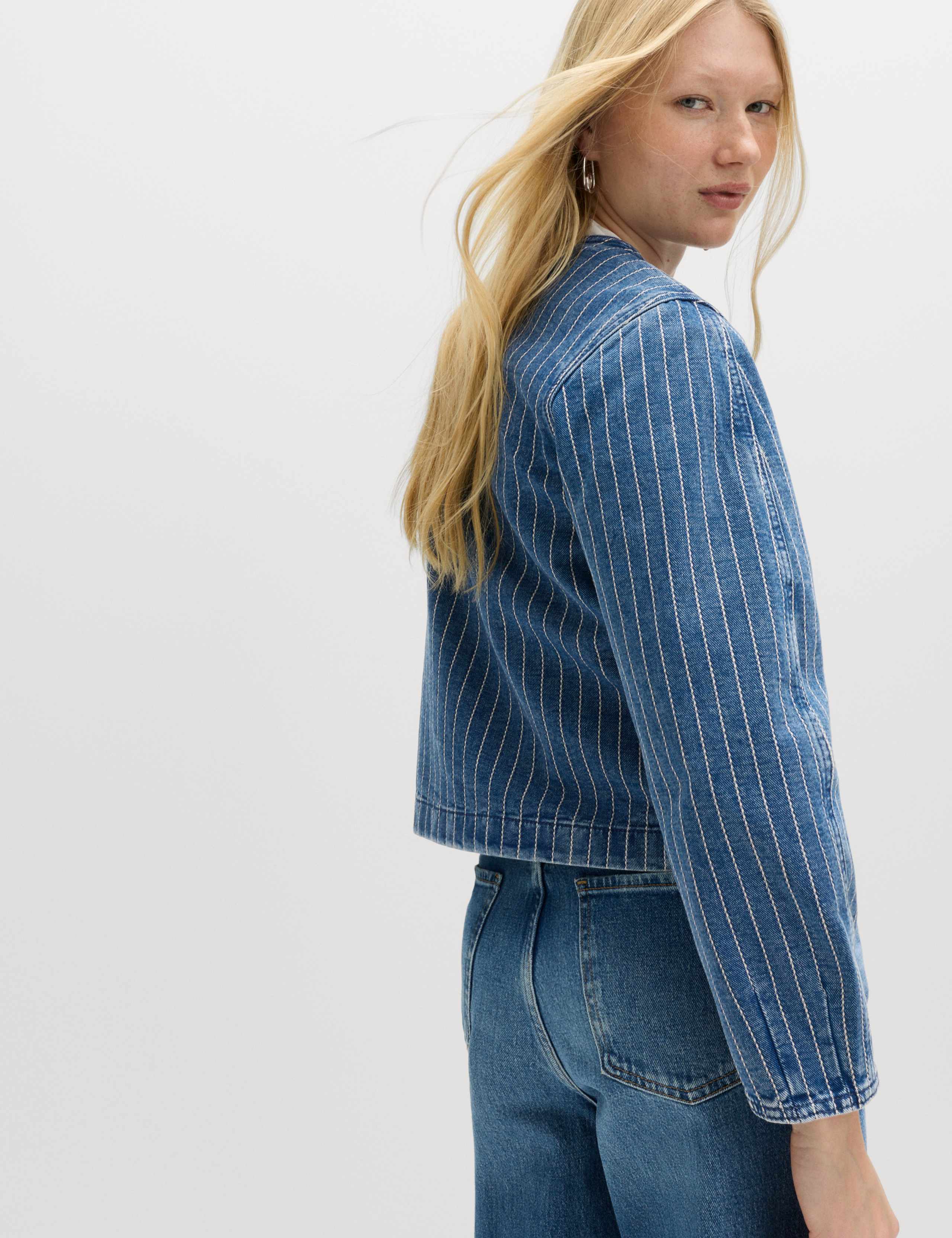 Denim Striped Collarless Jacket 3 of 5