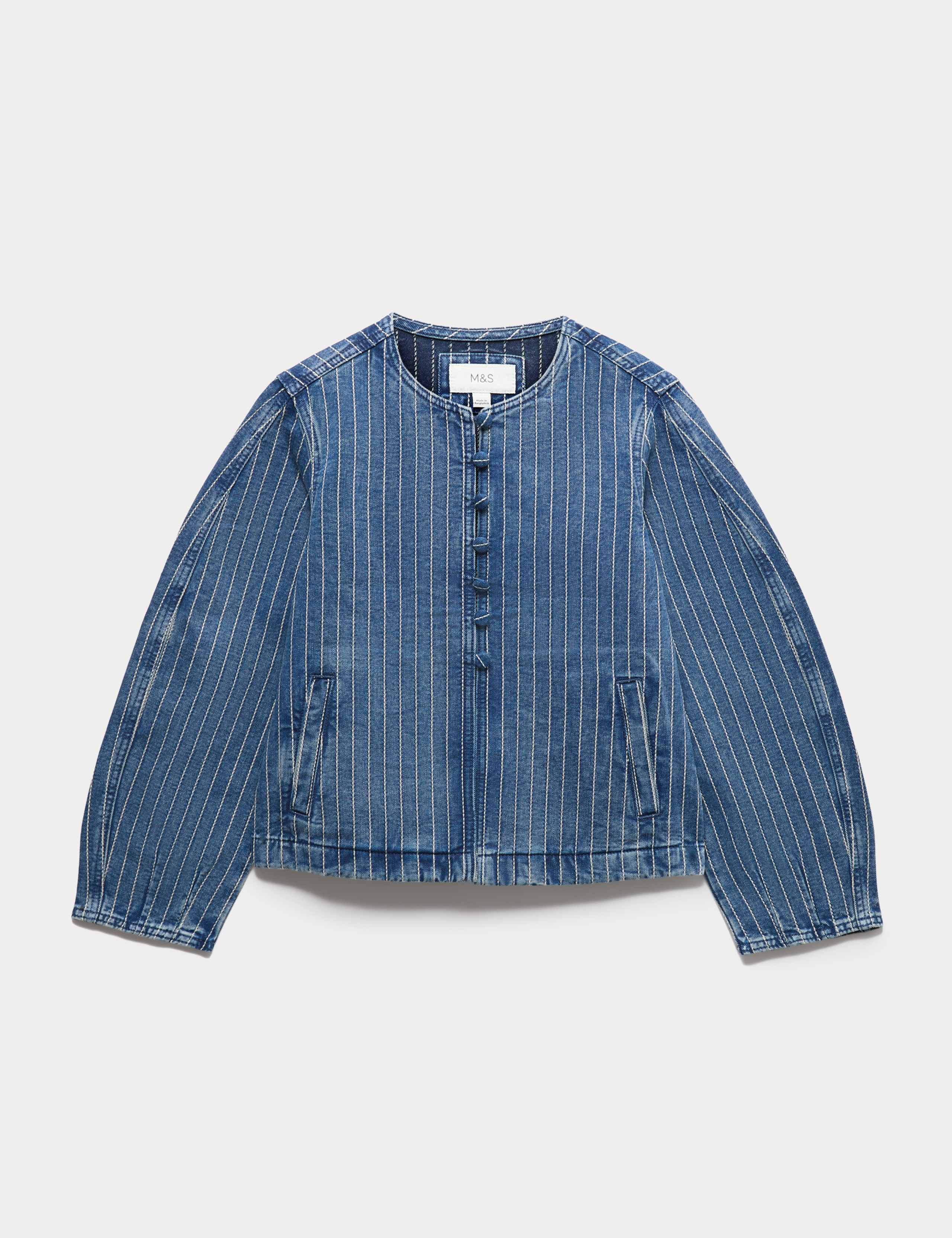 Denim Striped Collarless Jacket 2 of 5