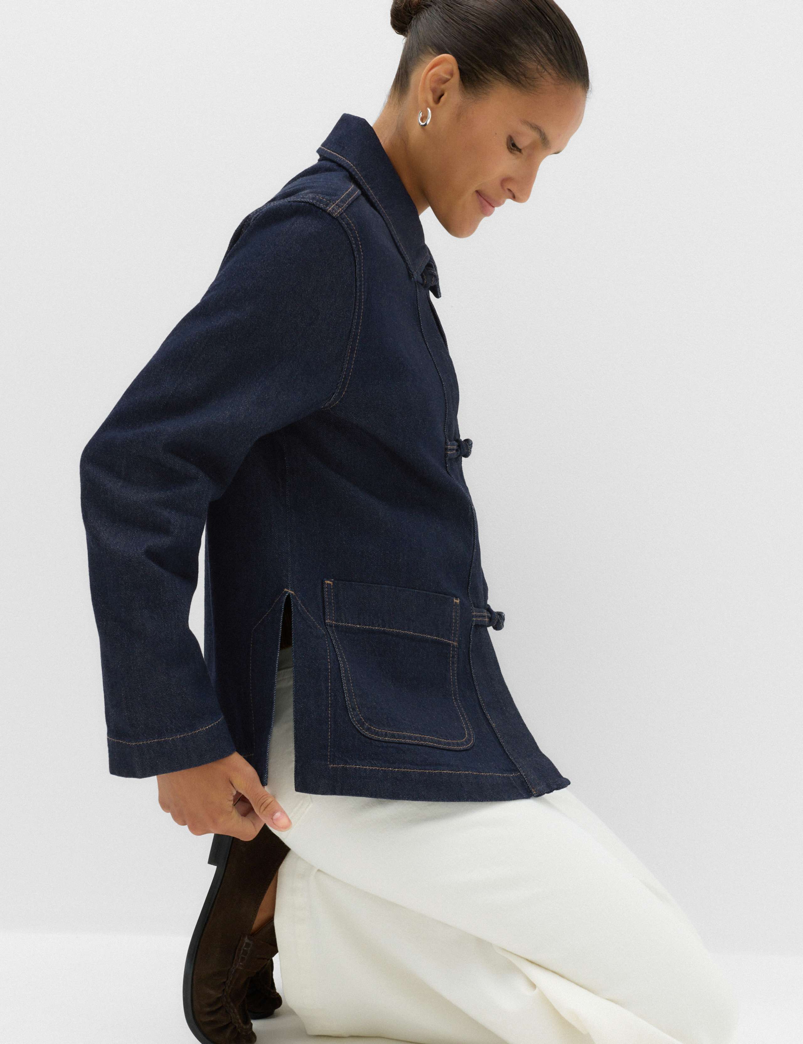 Cotton Lyocell Blend Denim Tie Front Jacket 3 of 7